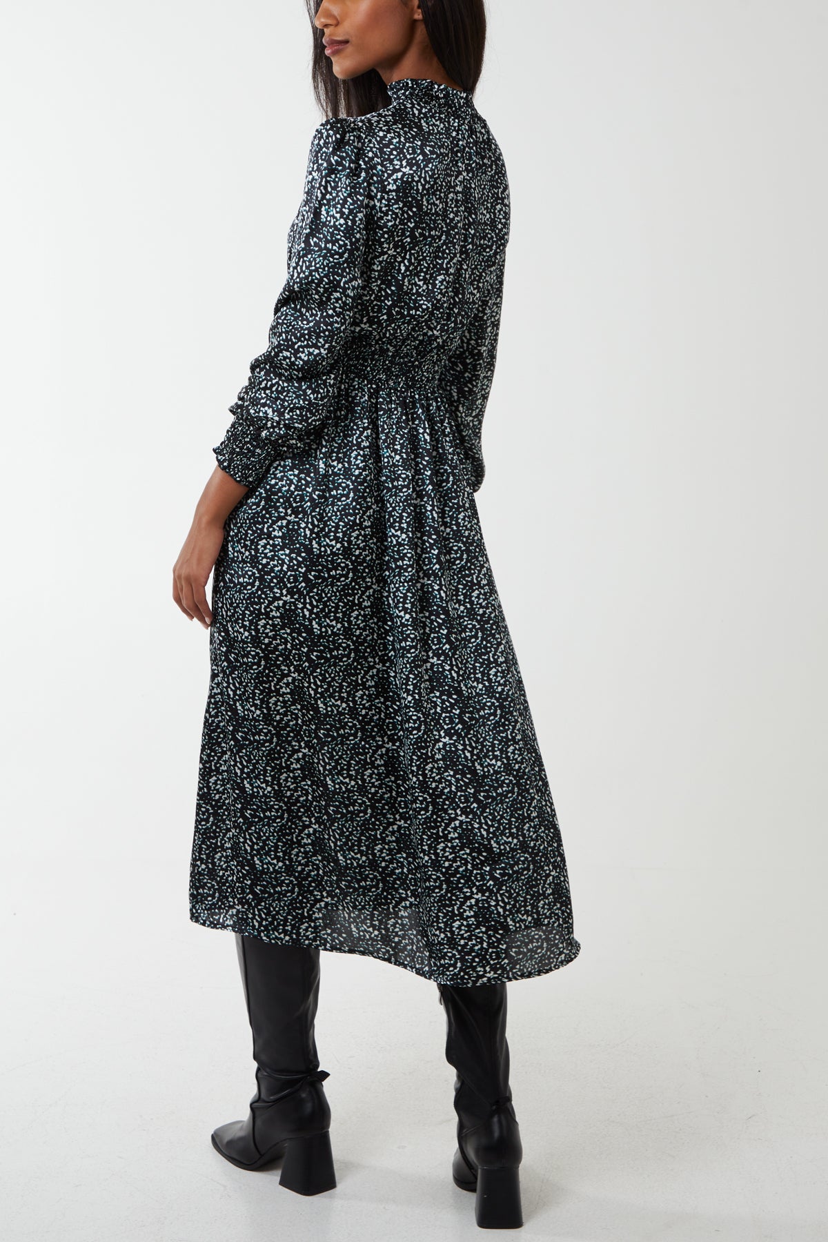 Shirred Balloon Sleeve Satin Midi Dress