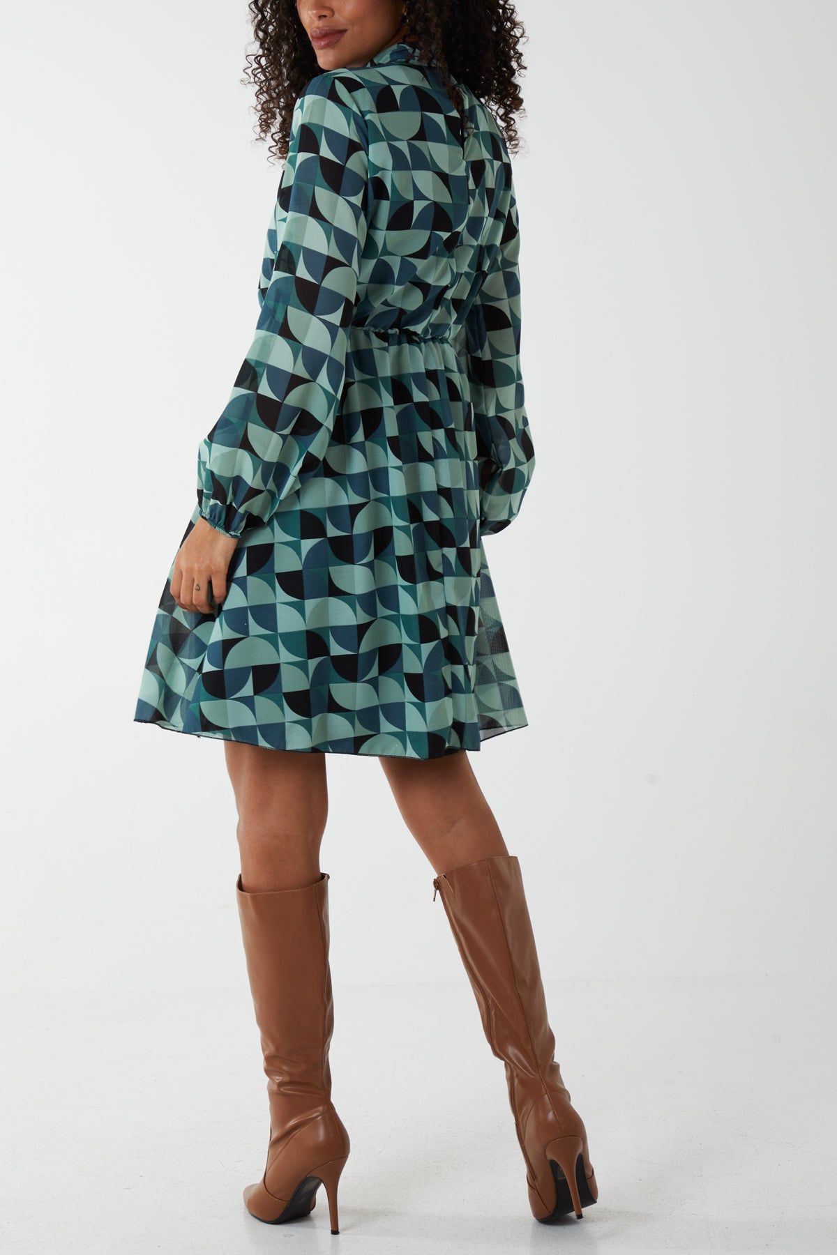 Geo Print Blouson Gathered Hem Dress