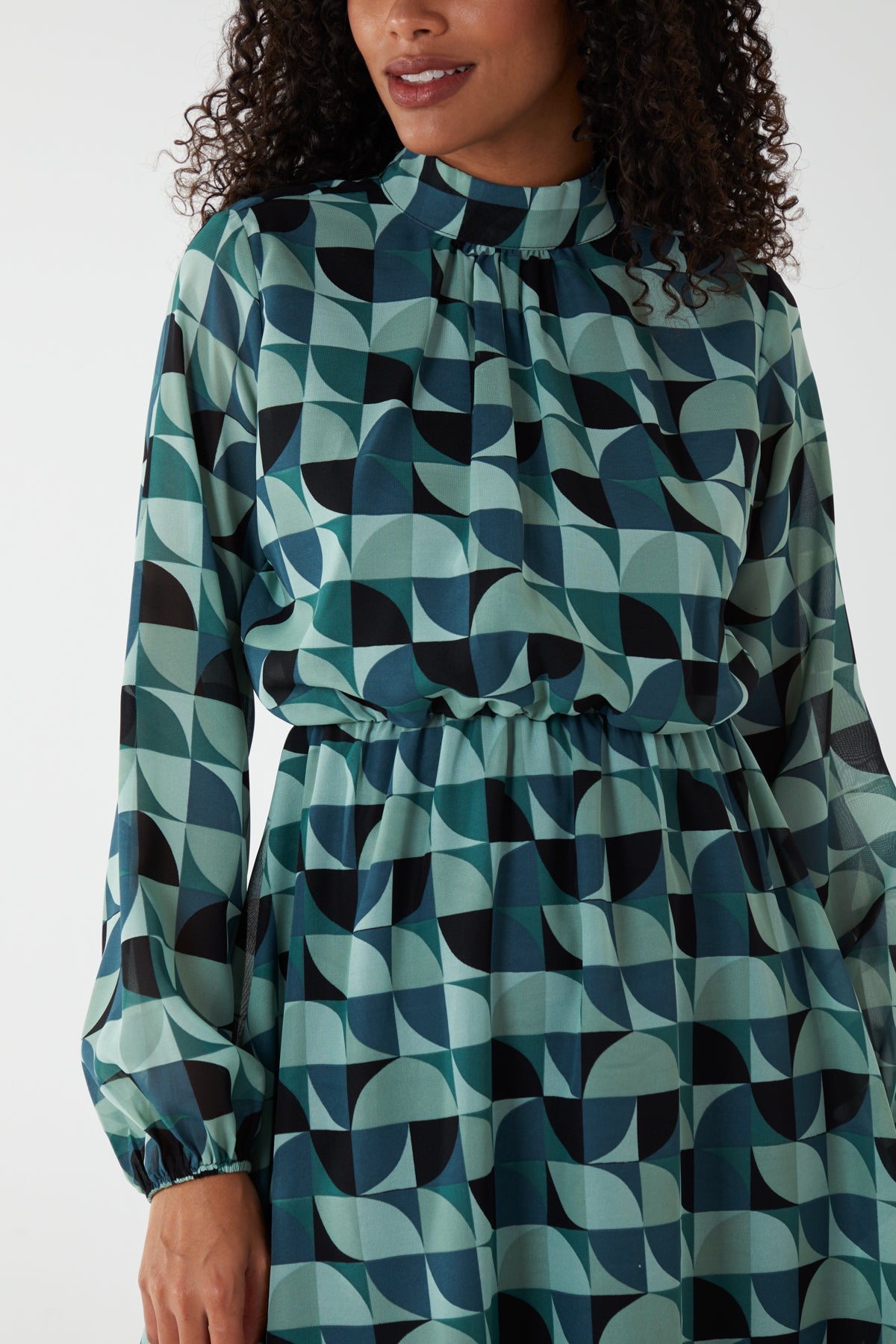 Geo Print Blouson Gathered Hem Dress