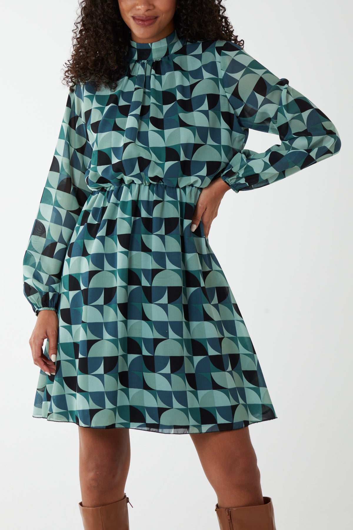 Geo Print Blouson Gathered Hem Dress