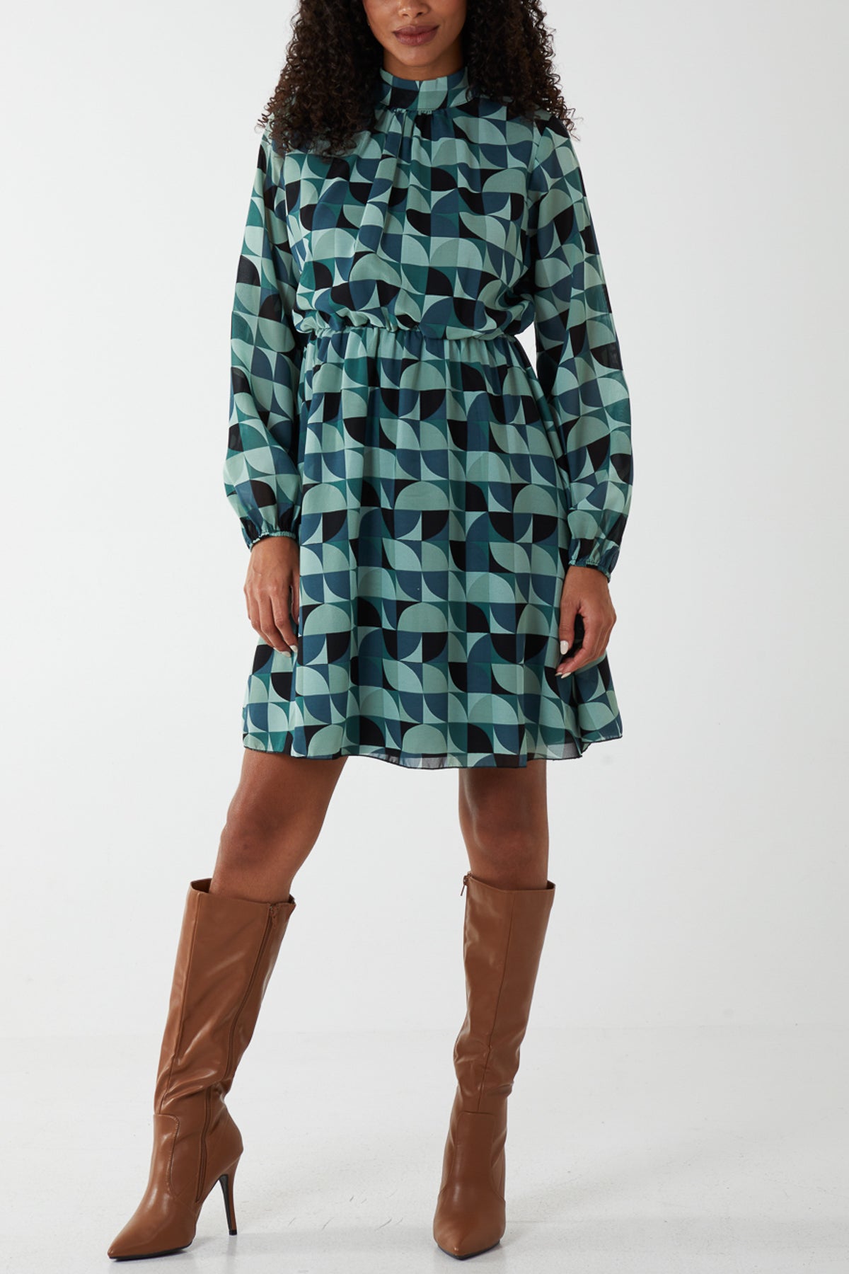 Geo Print Blouson Gathered Hem Dress