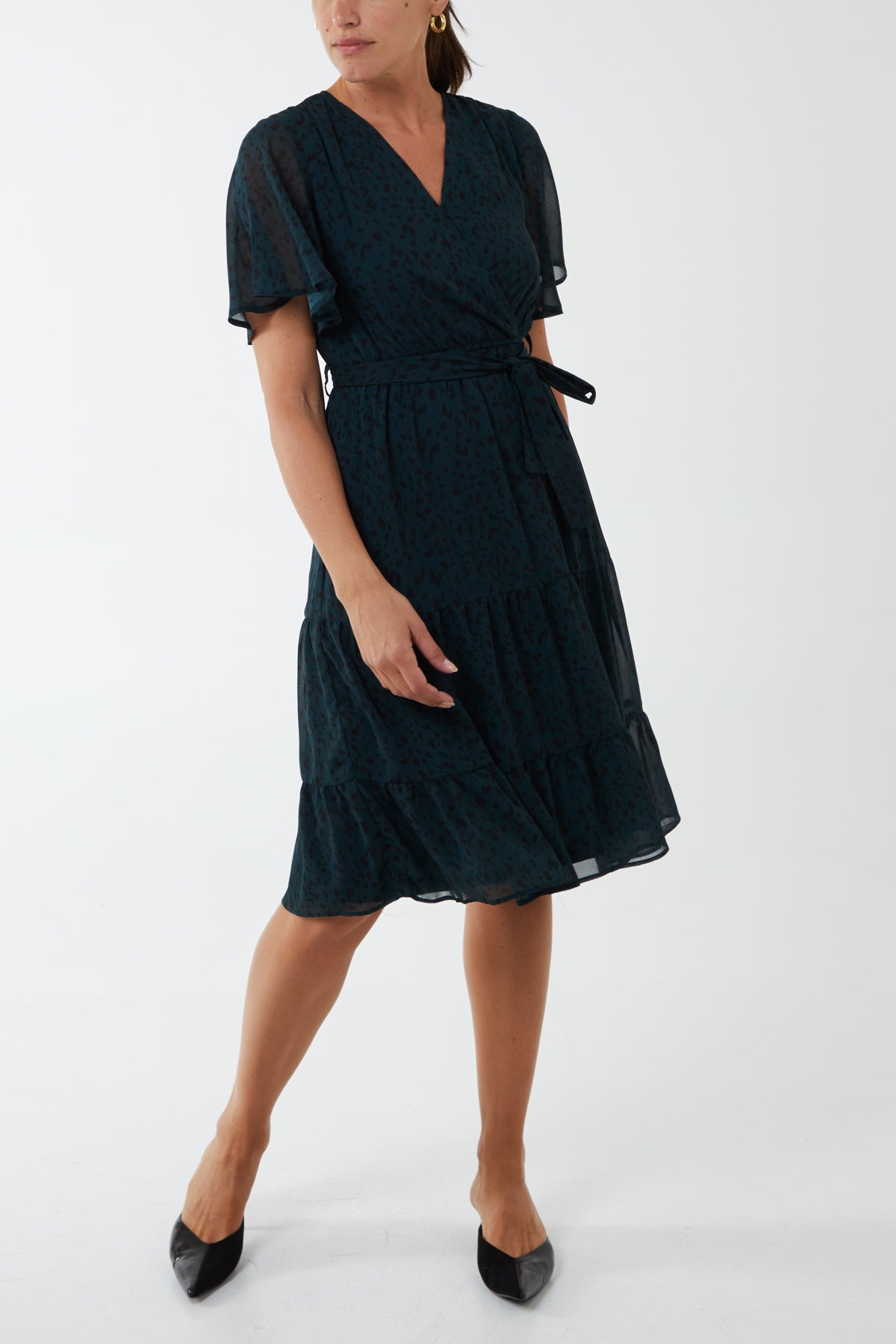 Flutter Sleeve Wrap Tie Midi Dress