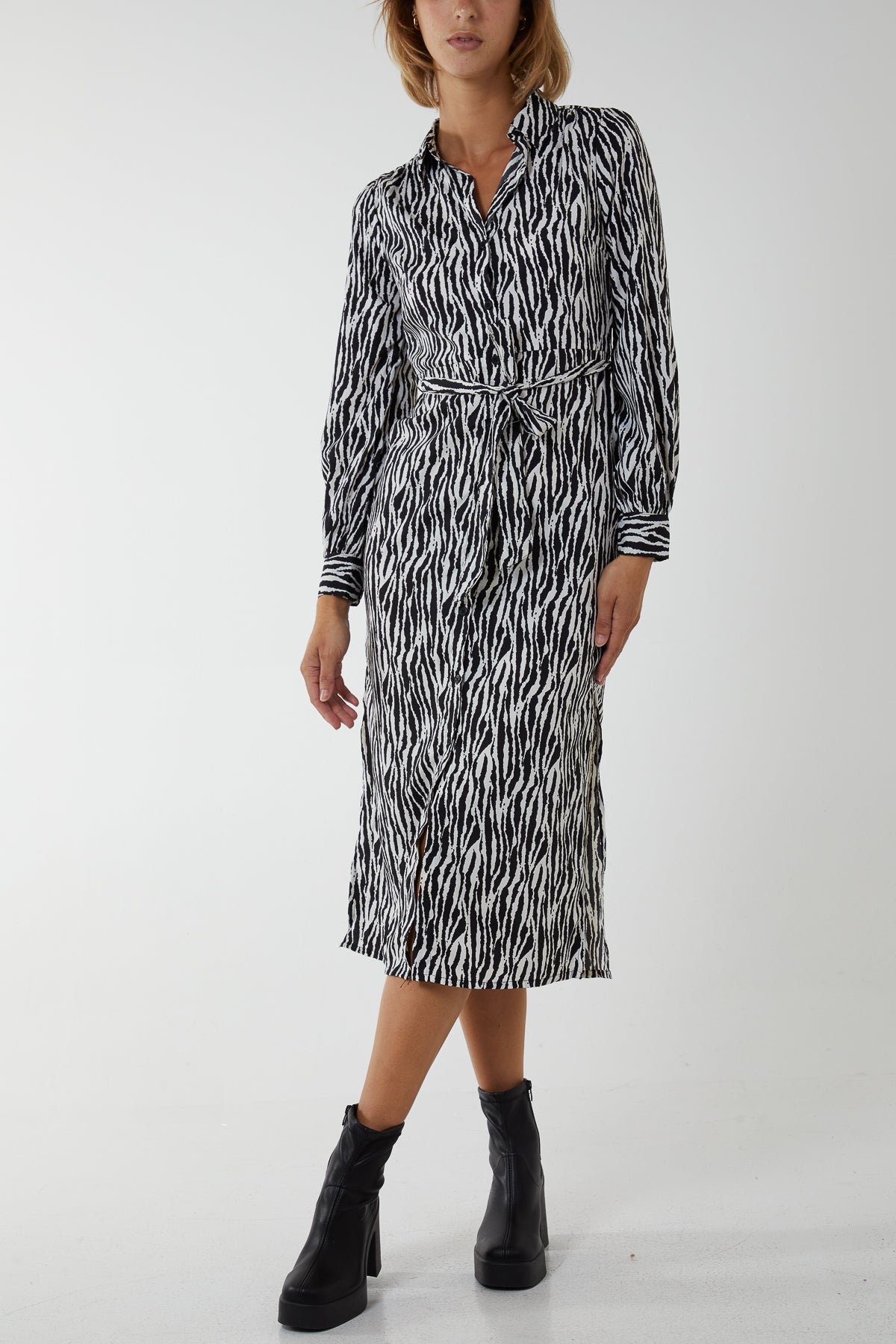 Midi Shirt Zebra Belt Dress