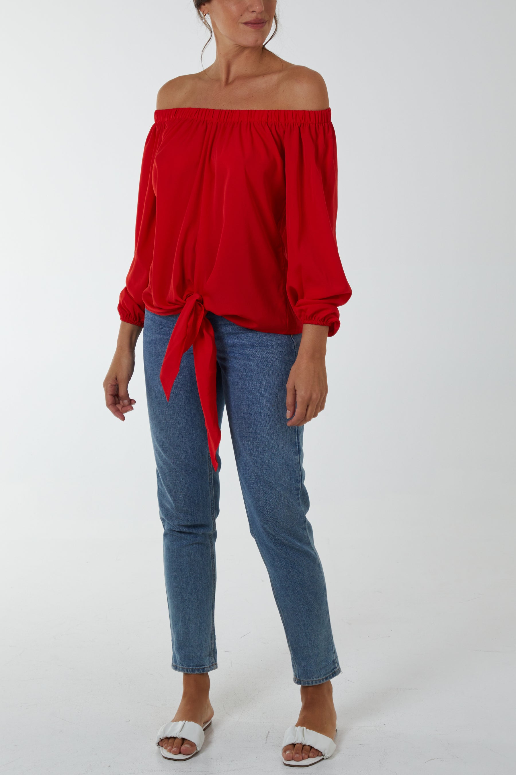 Off Shoulder Balloon Sleeve Knot Top