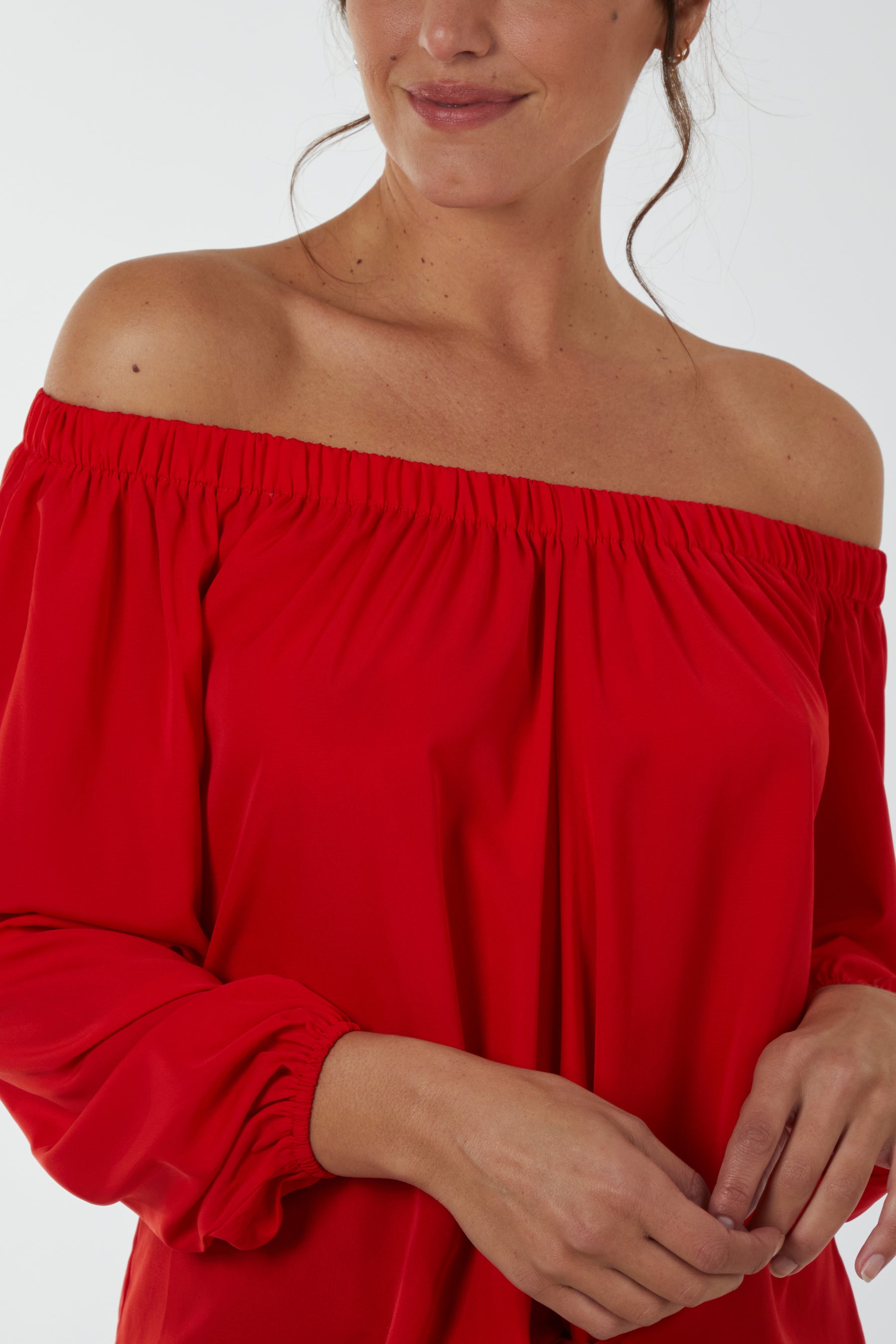 Off Shoulder Balloon Sleeve Knot Top