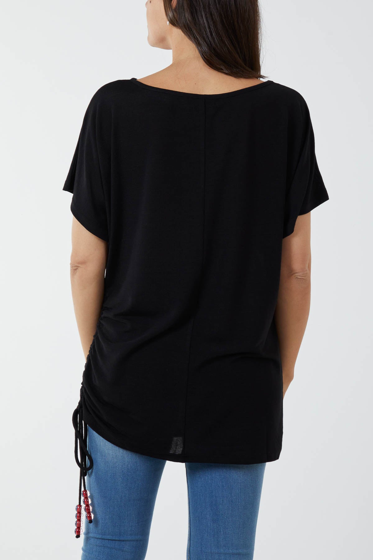 One Side Ruching Beaded Sleeve Top