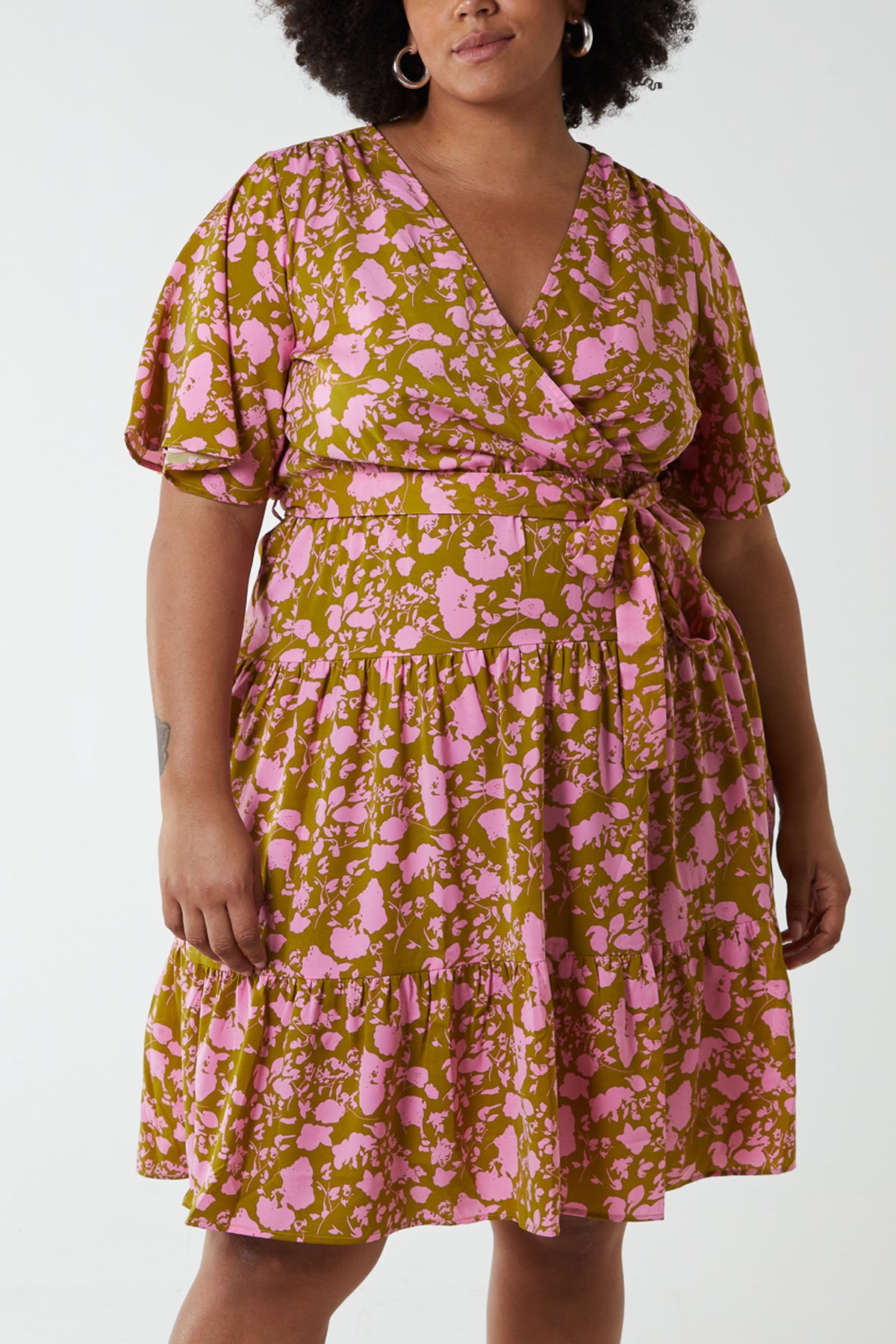 Curve Wrap Front Tier Hem Angel Sleeve Dress