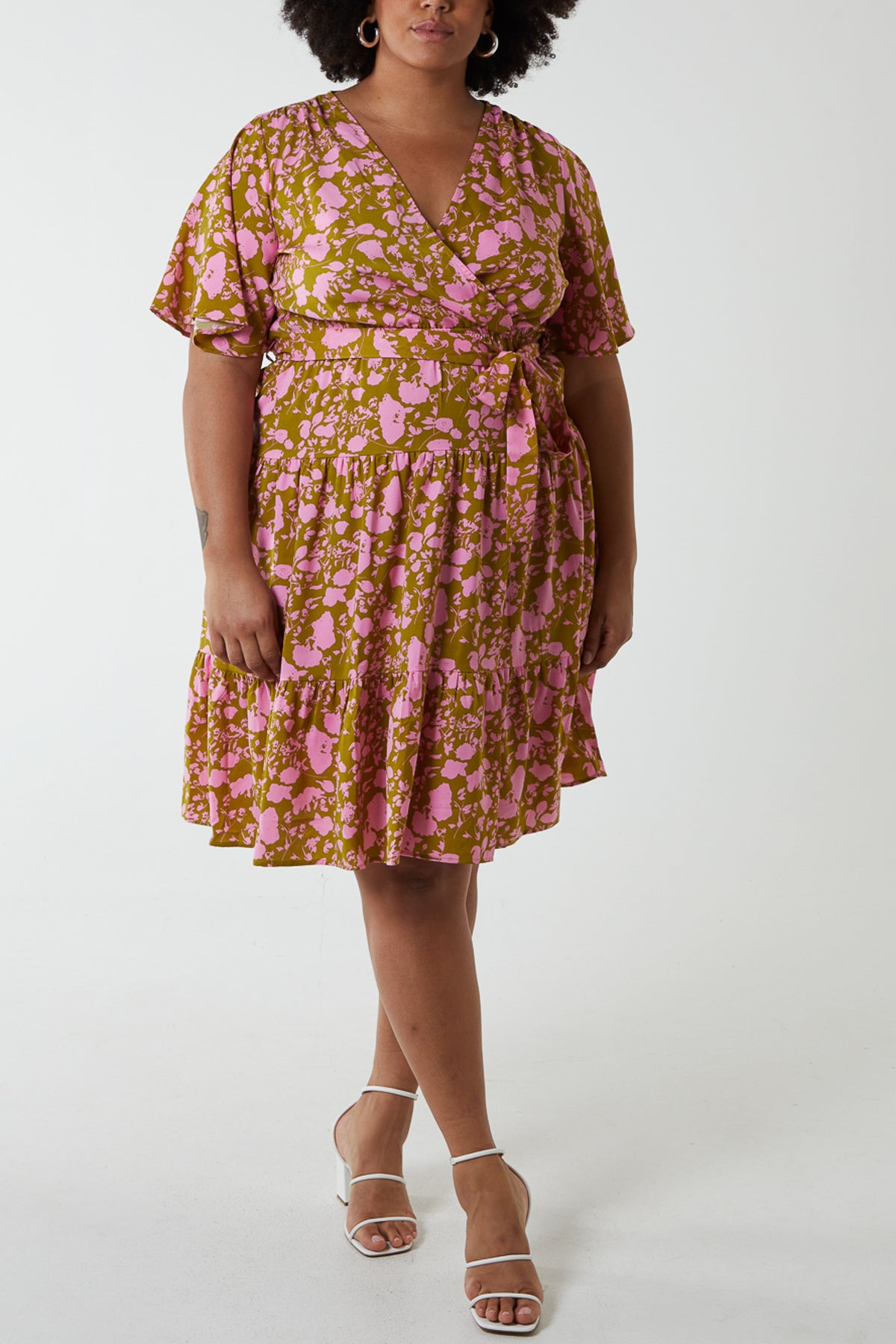 Curve Wrap Front Tier Hem Angel Sleeve Dress