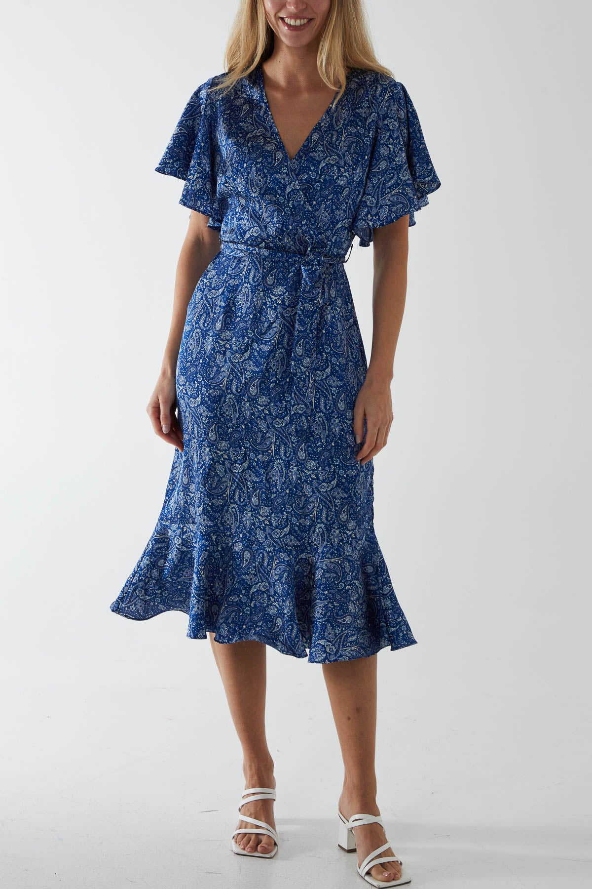 Paisley Angel Sleeve Wrap Ruffle Midi Dress