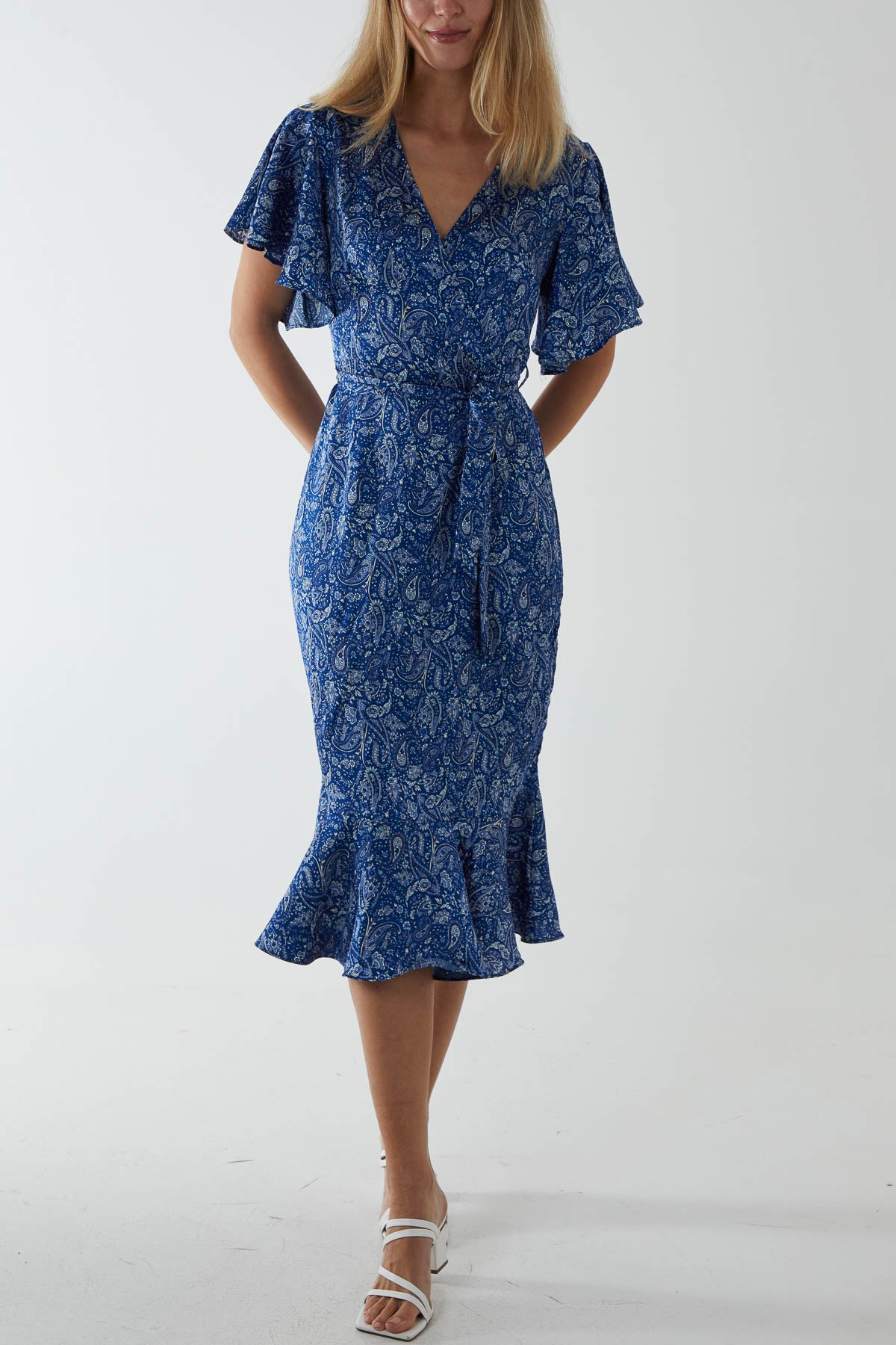 Paisley Angel Sleeve Wrap Ruffle Midi Dress