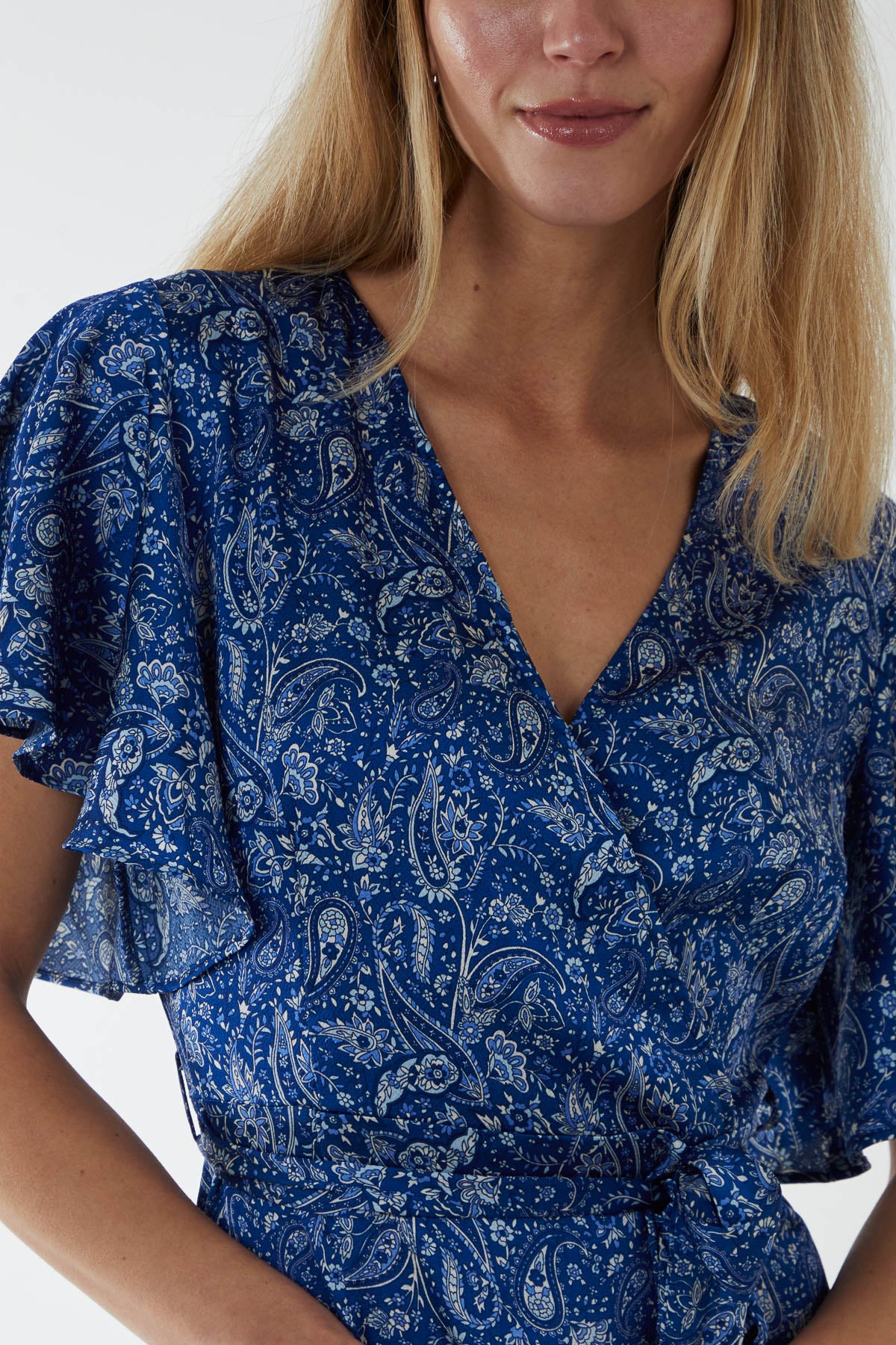 Paisley Angel Sleeve Wrap Ruffle Midi Dress
