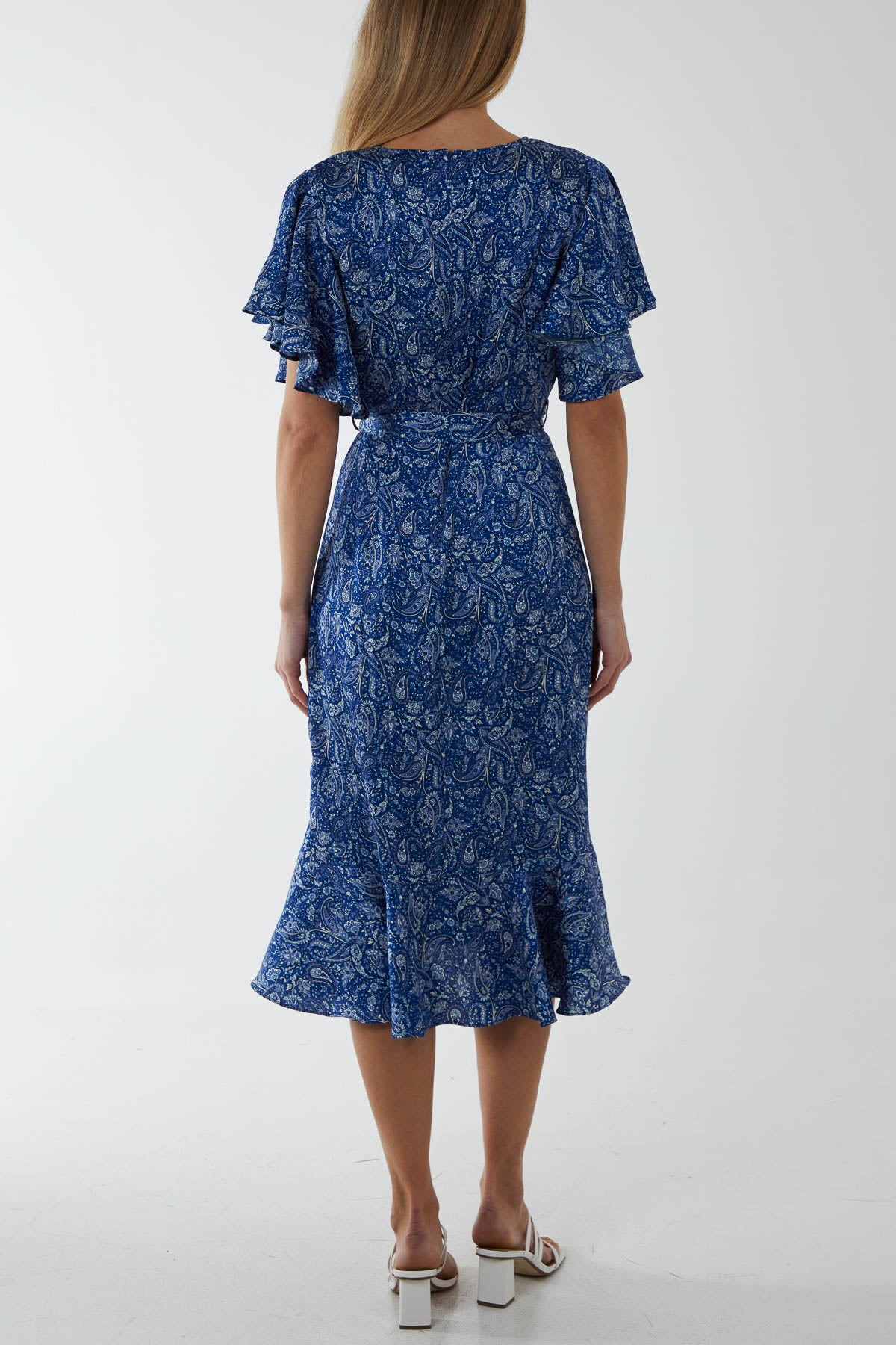 Paisley Angel Sleeve Wrap Ruffle Midi Dress