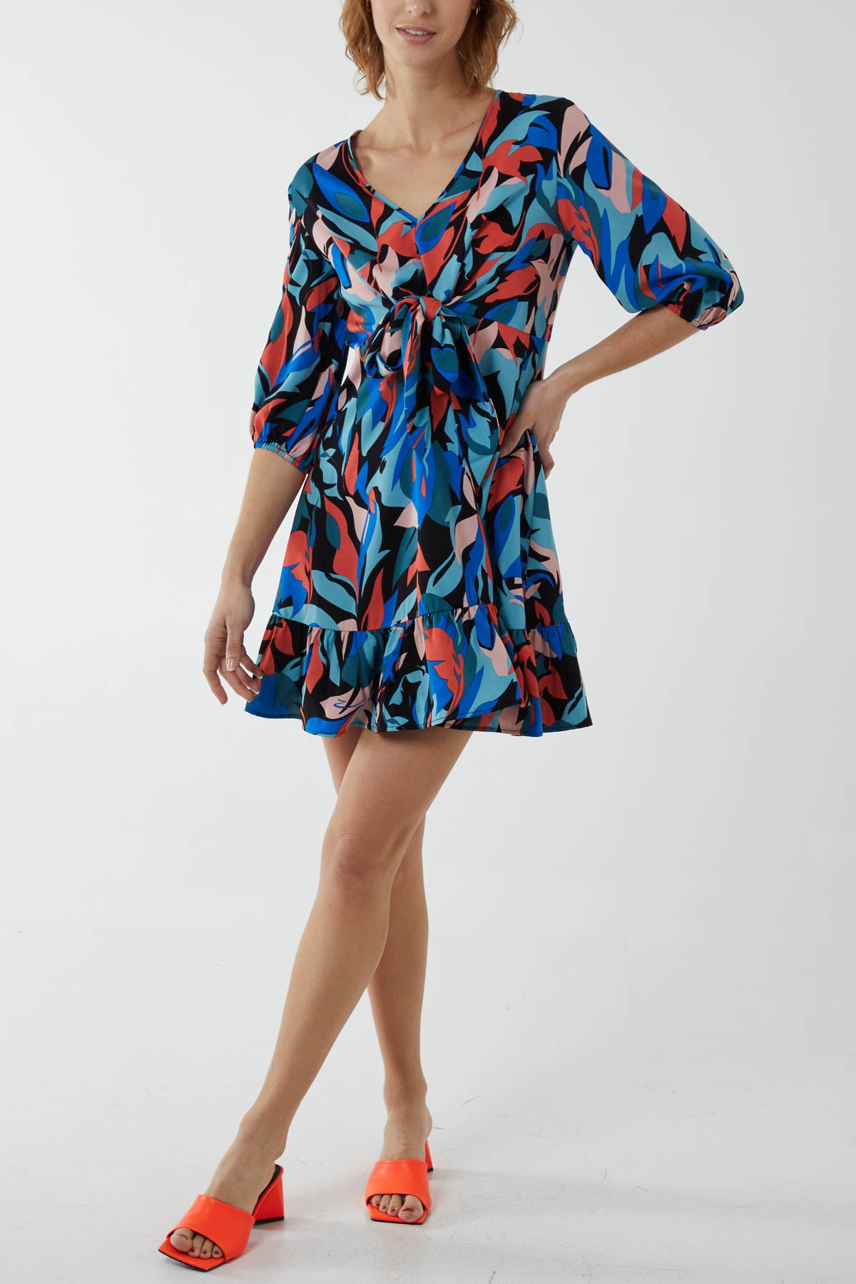 Perfee Tie Front Printed Long Sleeve Mini Dress