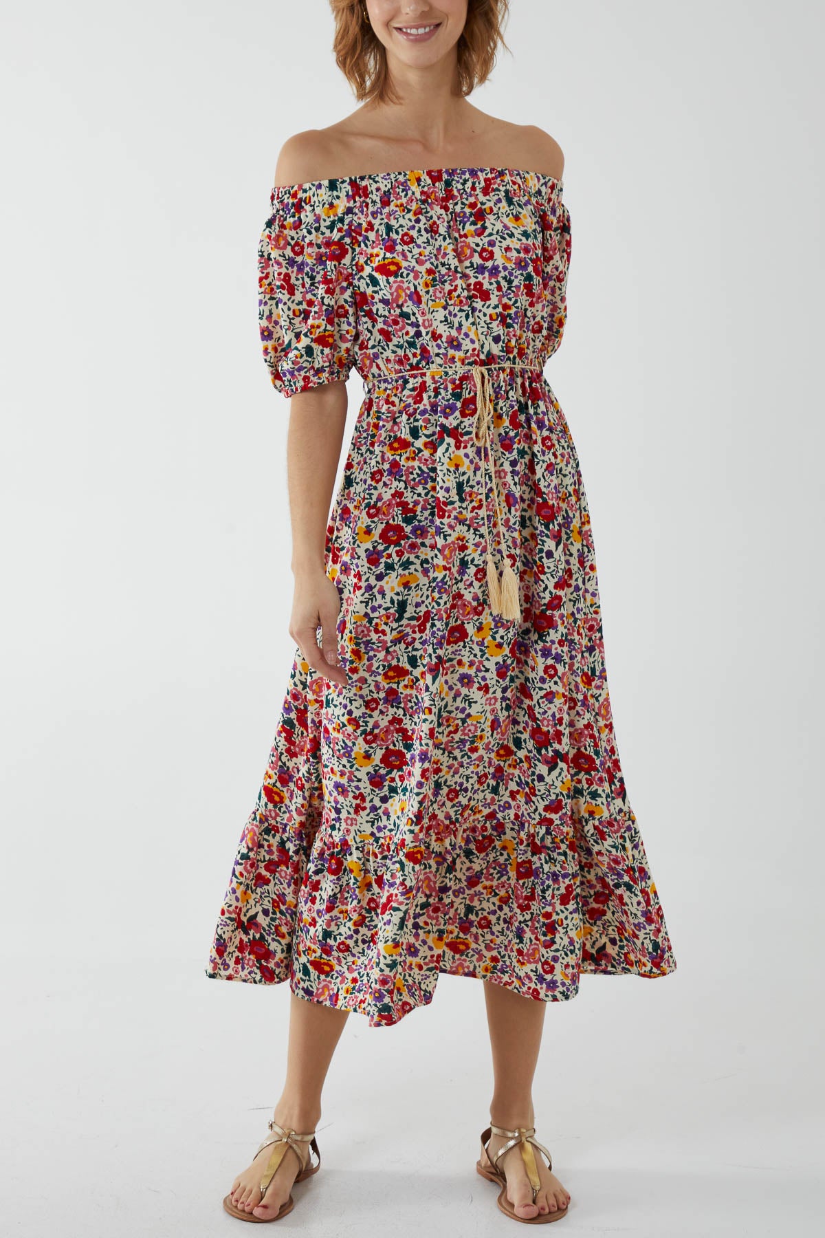 Bardot Floral Midi Dress With Tassel Tie