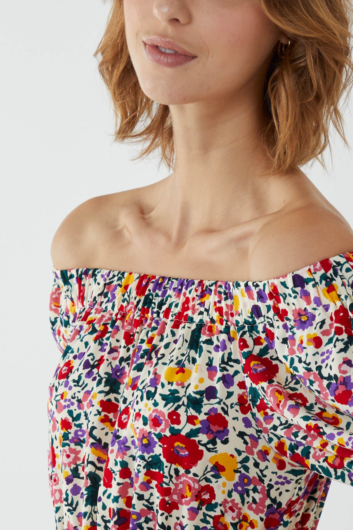 Bardot Floral Midi Dress With Tassel Tie