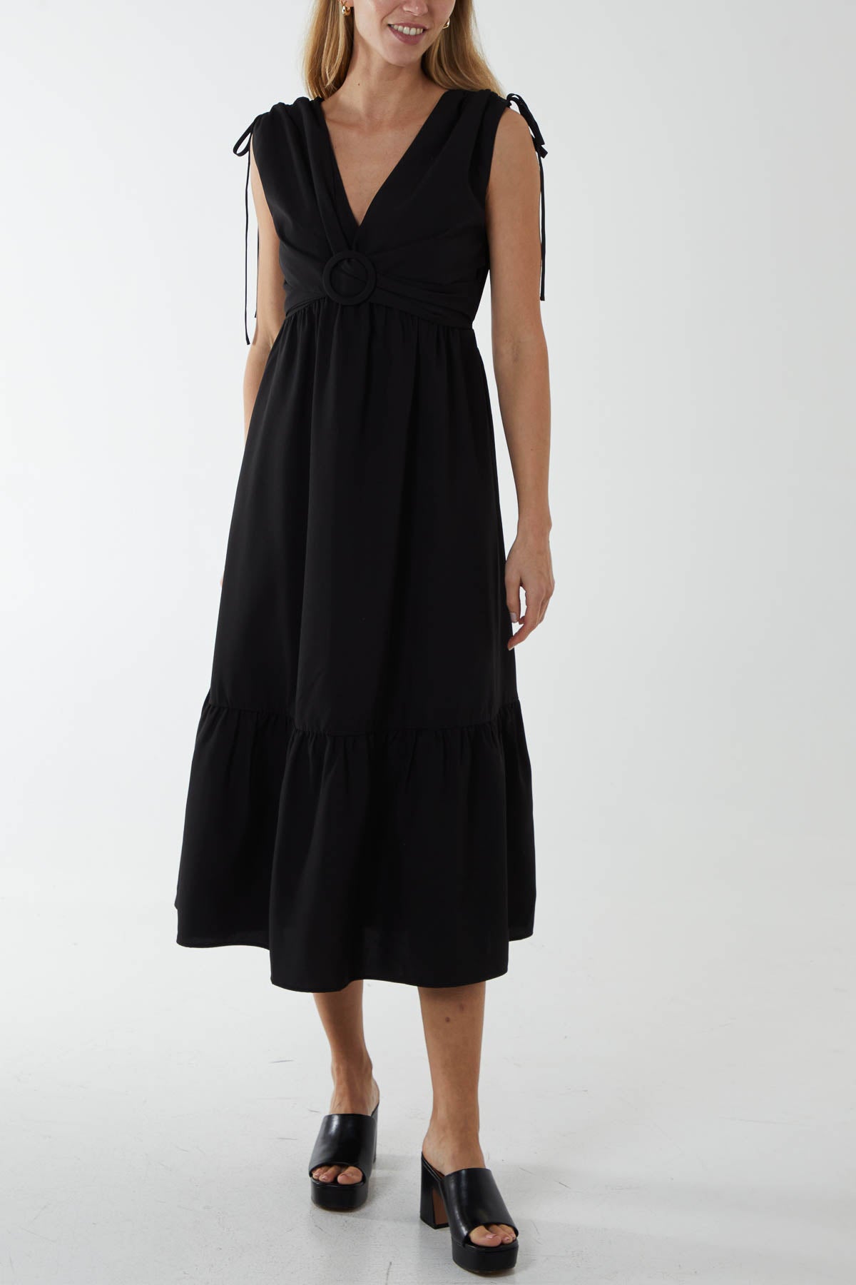 Ring Front Midi Dress with Channelled Shoulder Detail