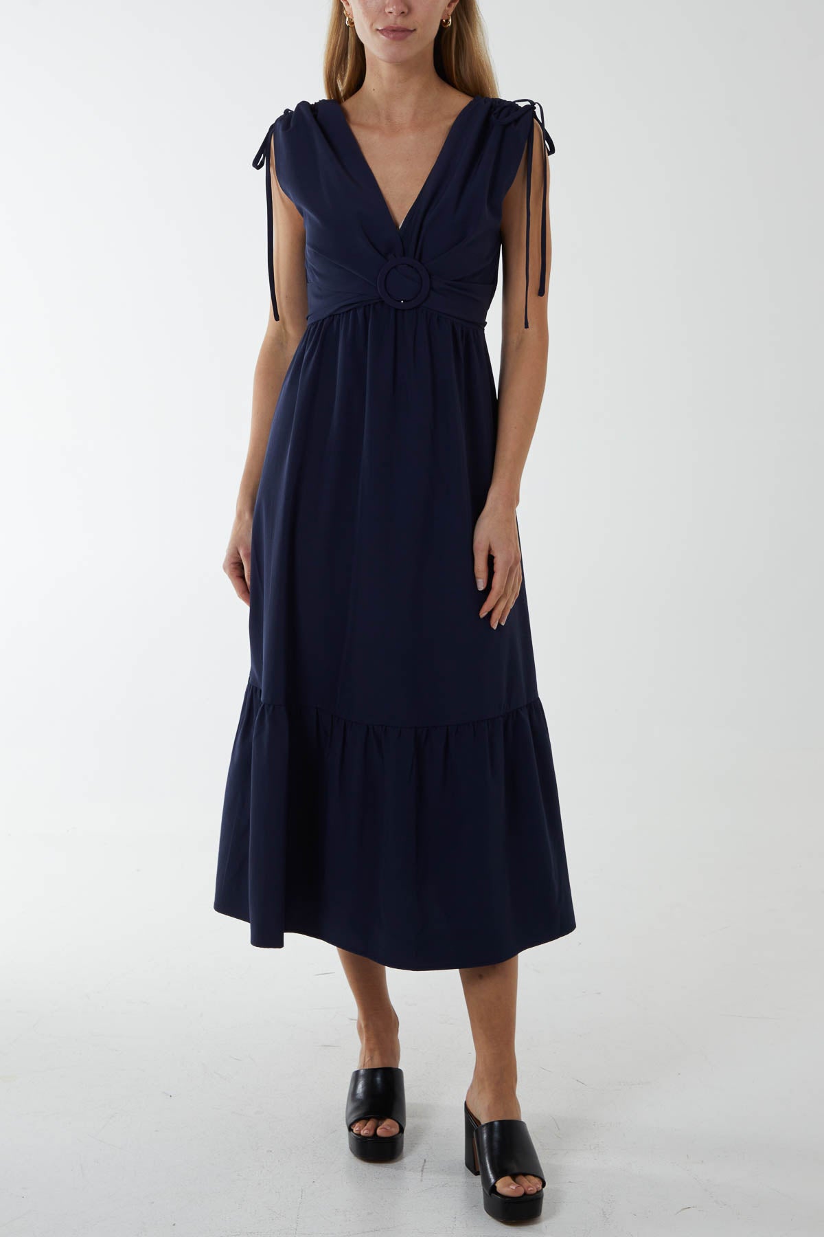Ring Front Midi Dress with Channelled Shoulder Detail