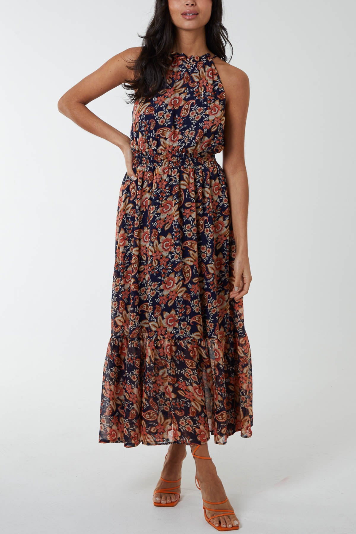 Drawstring Floral Print Halterneck Dress