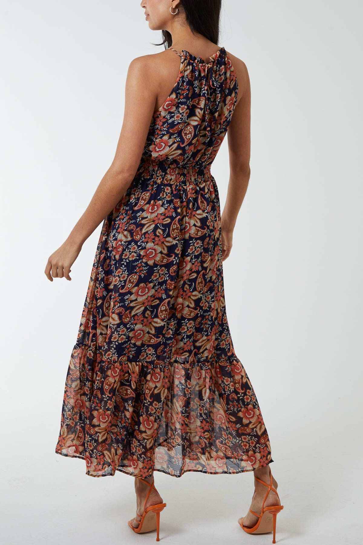 Drawstring Floral Print Halterneck Dress