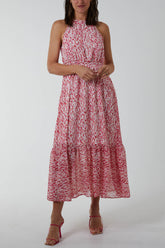 Drawstring Abstract Animal Halterneck Dress