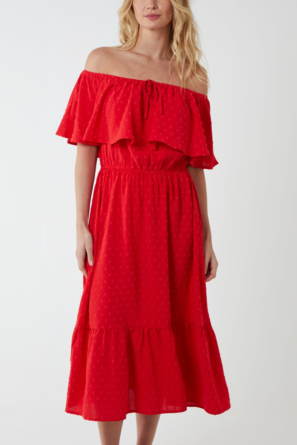 Ruffle Bardot Spot Midi Dress