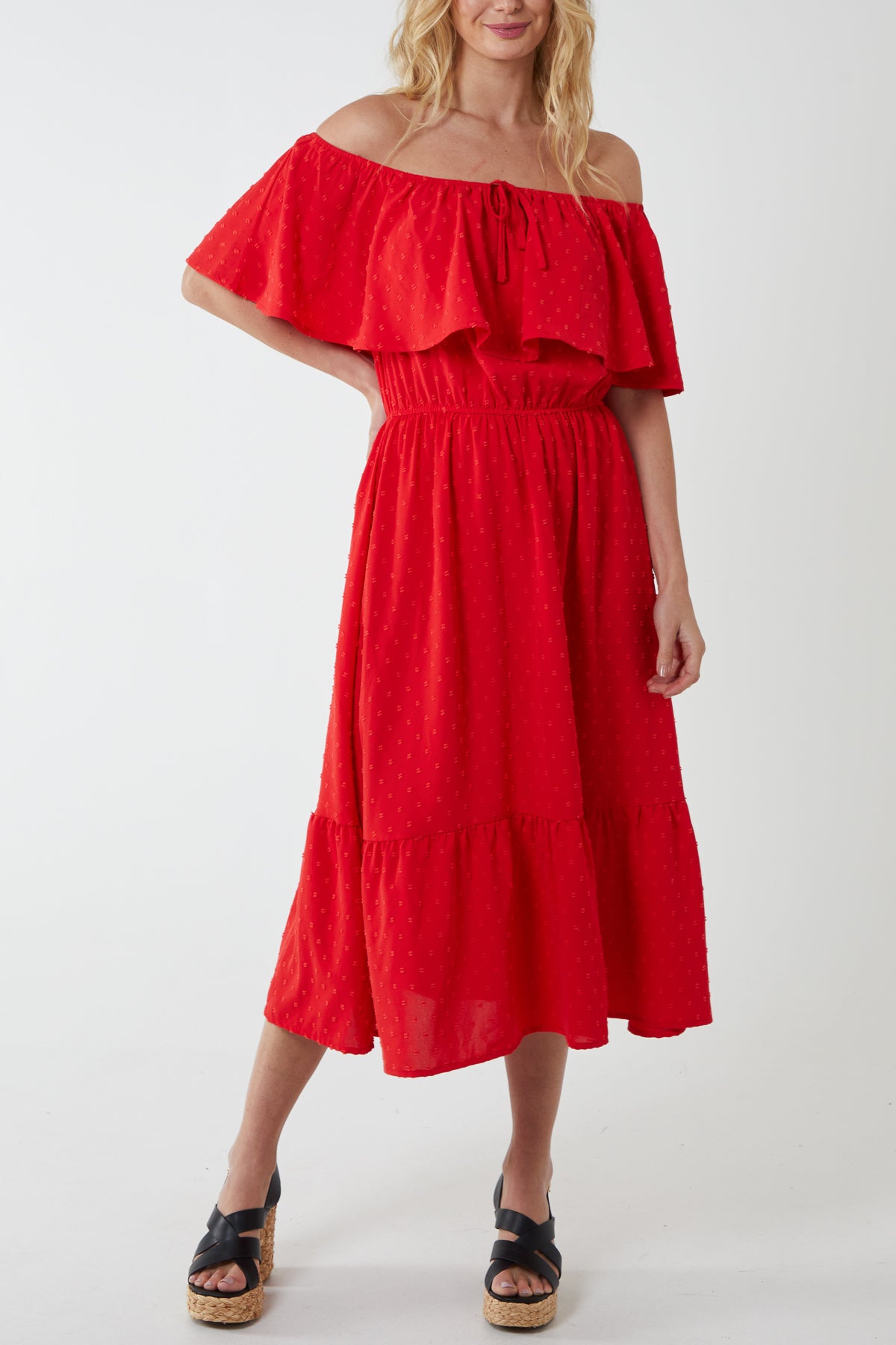 red bardot frill sleeve draped midi dress Bardot Destiny Frill Dress in Red