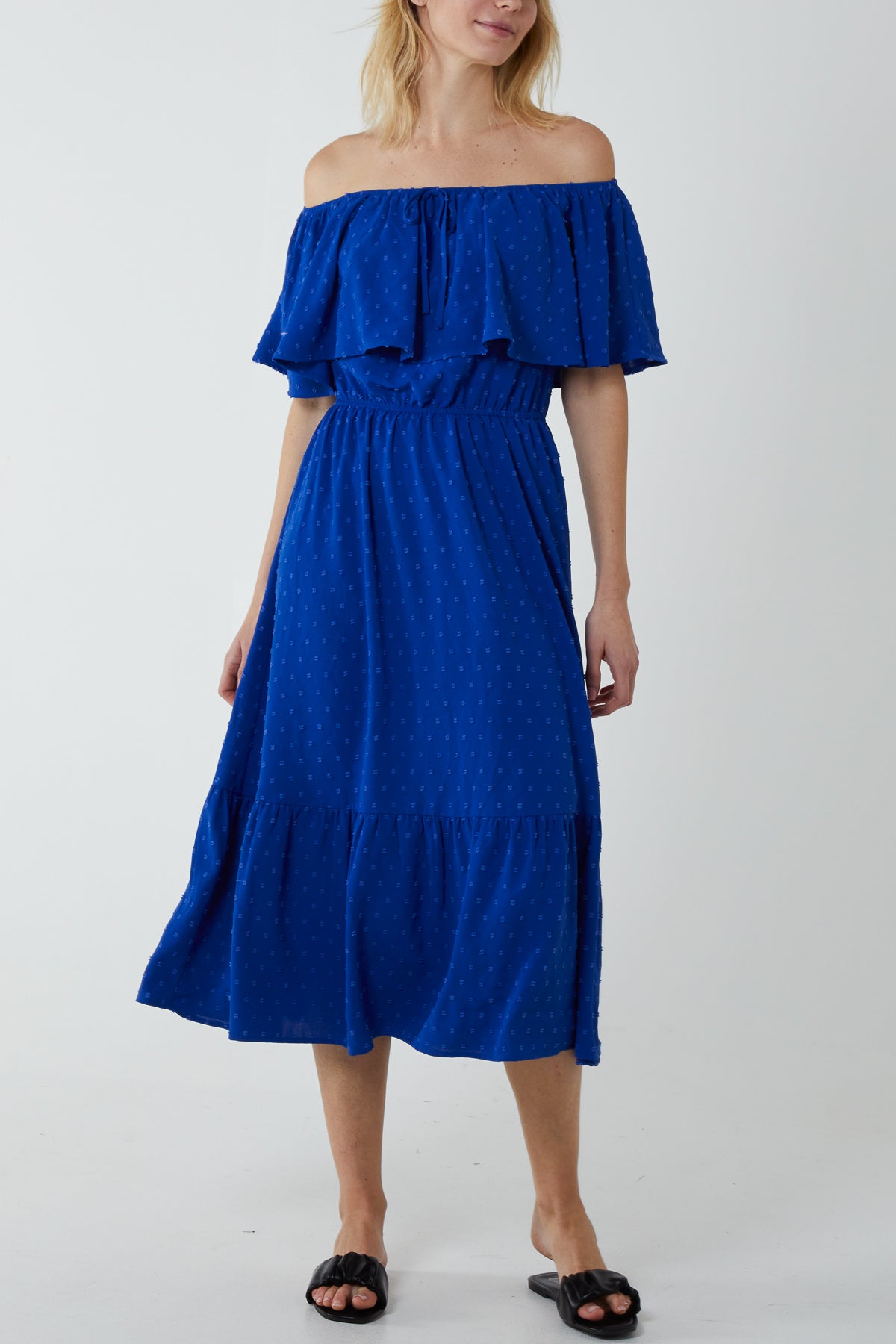 Ruffle Bardot Spot Midi Dress