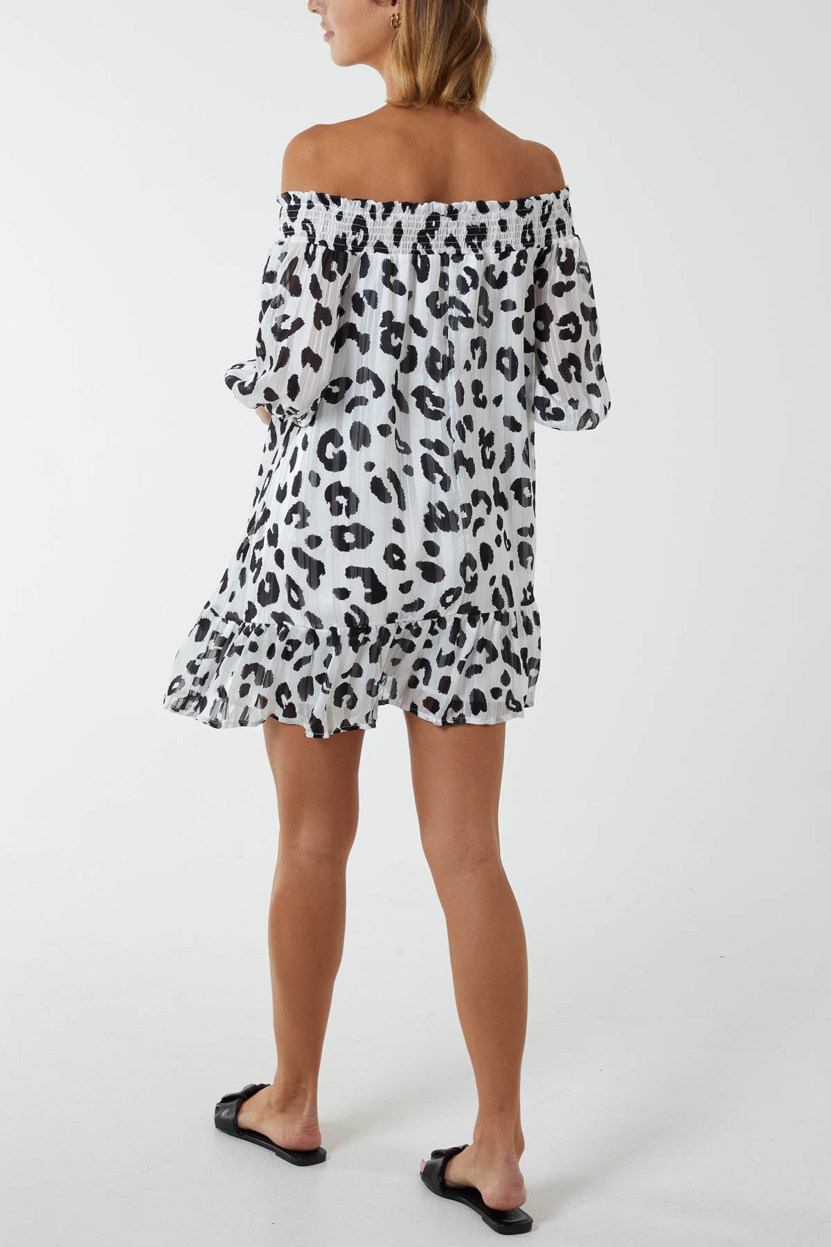 Shirred Bardot Animal Print Dress