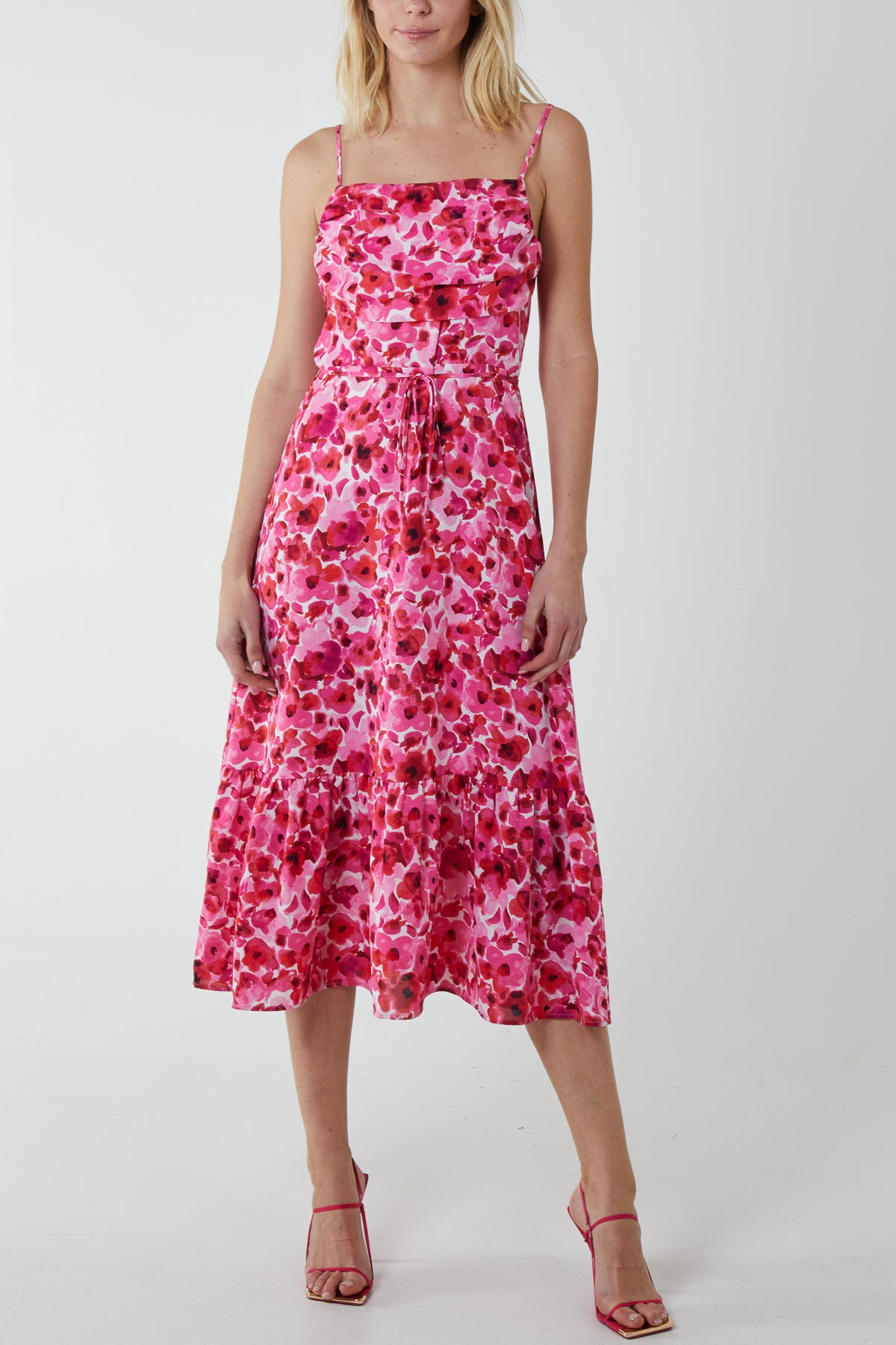 Draped Cowl Neck Floral Midi Dress