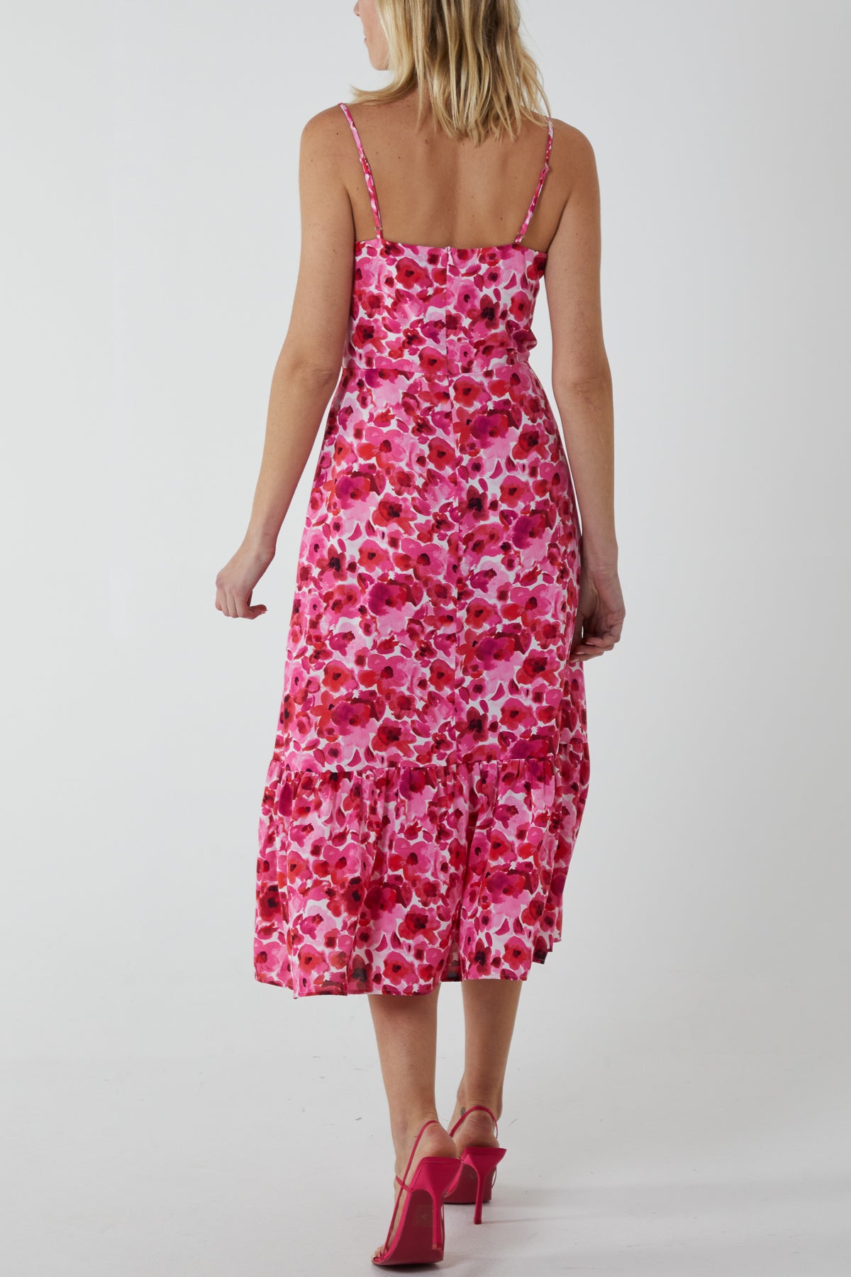 Draped Cowl Neck Floral Midi Dress