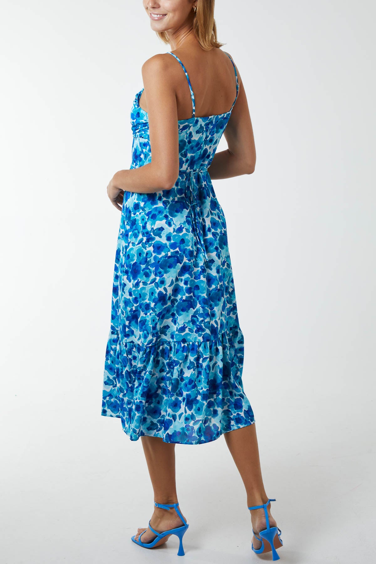 Draped Cowl Neck Floral Midi Dress