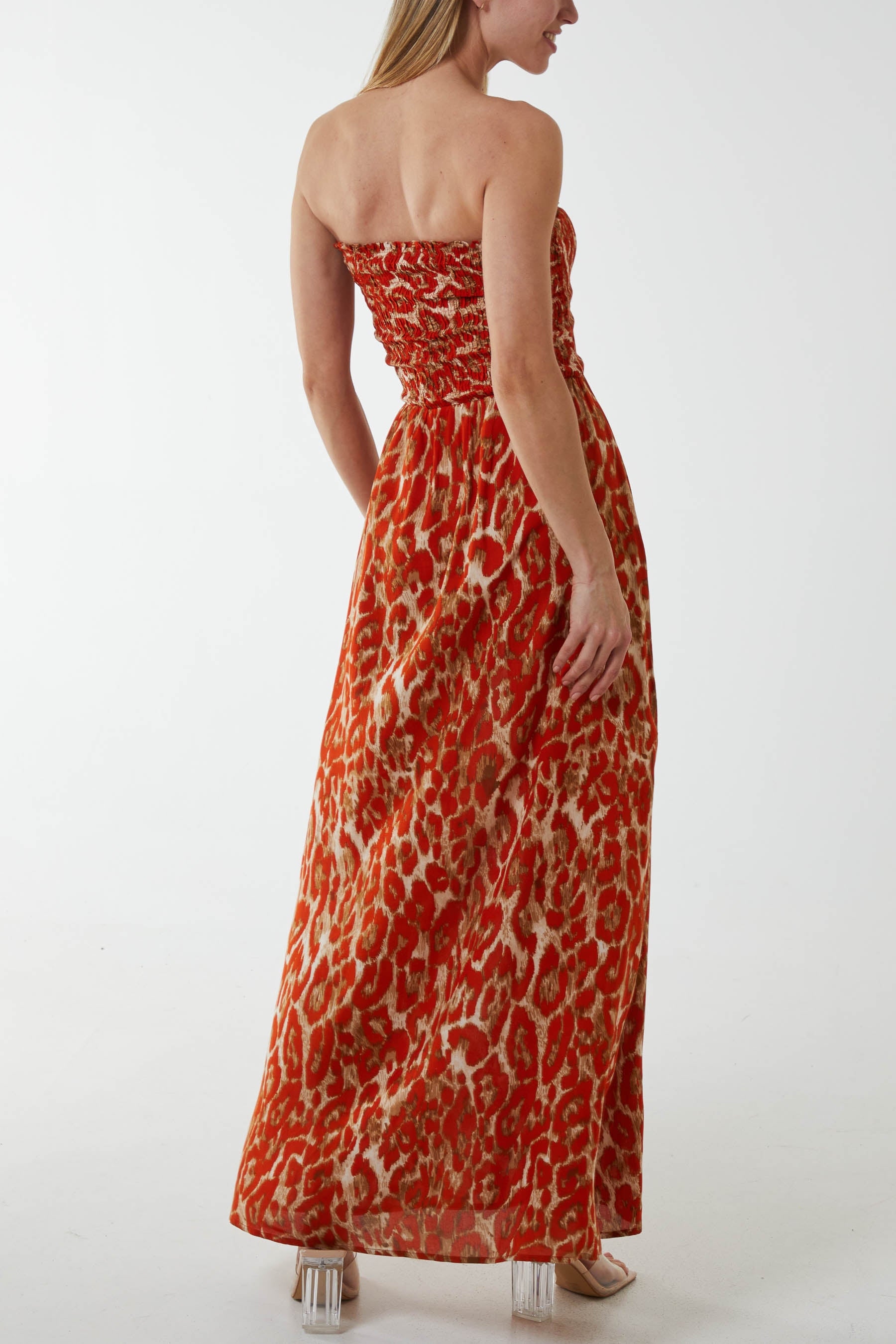 Shirred Bandeau Animal Maxi Dress