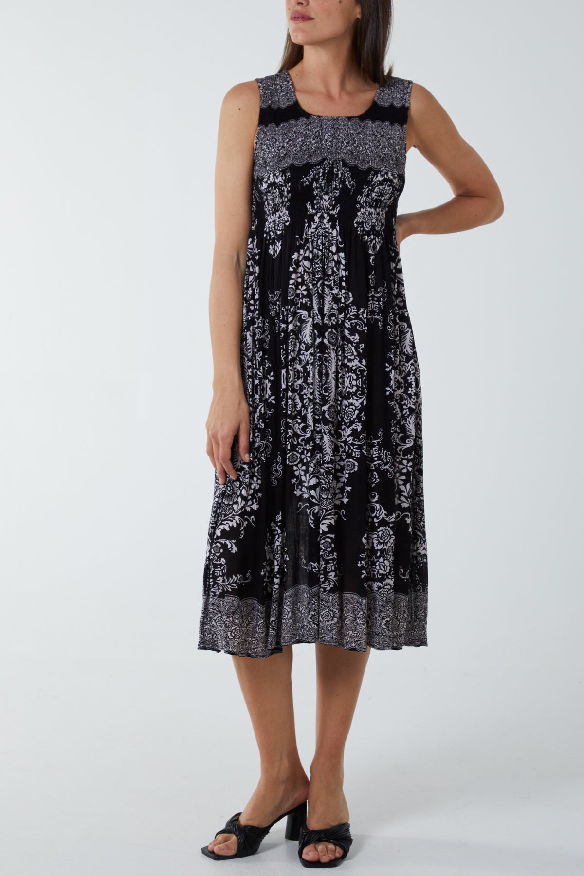 Shirred Baroque Print Midi Dress