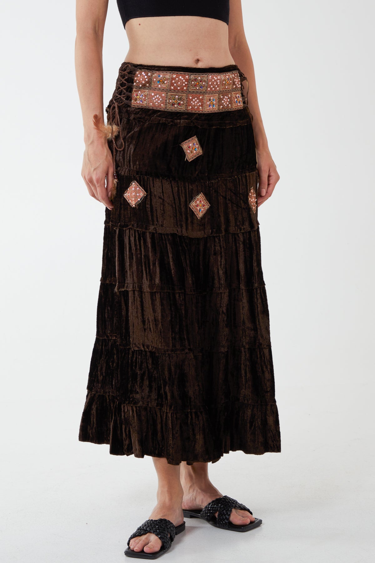 Embellished Waist Side Tie Up Tiered Long Skirt