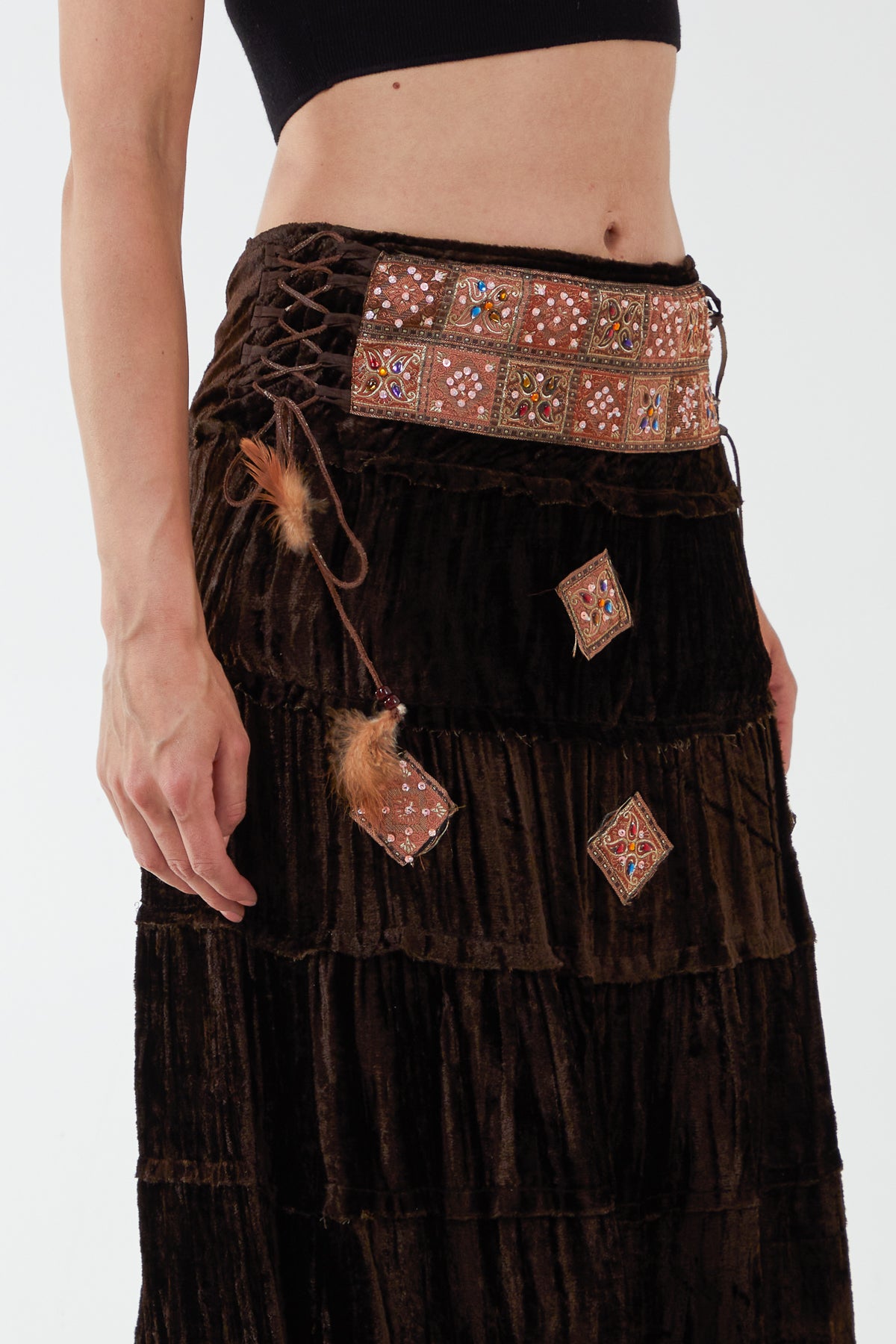 Embellished Waist Side Tie Up Tiered Long Skirt