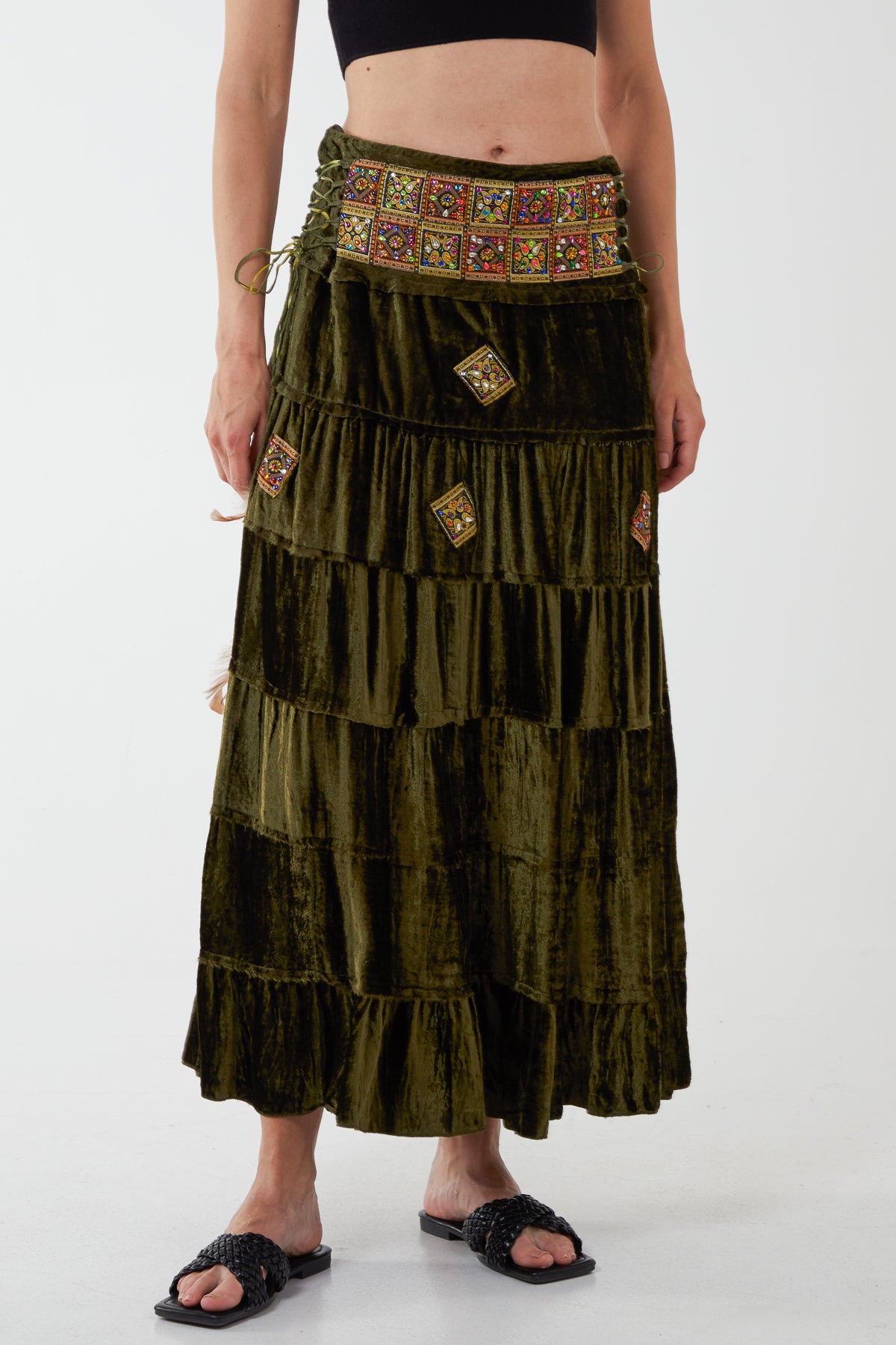 Embellished Waist Side Tie Up Tiered Long Skirt