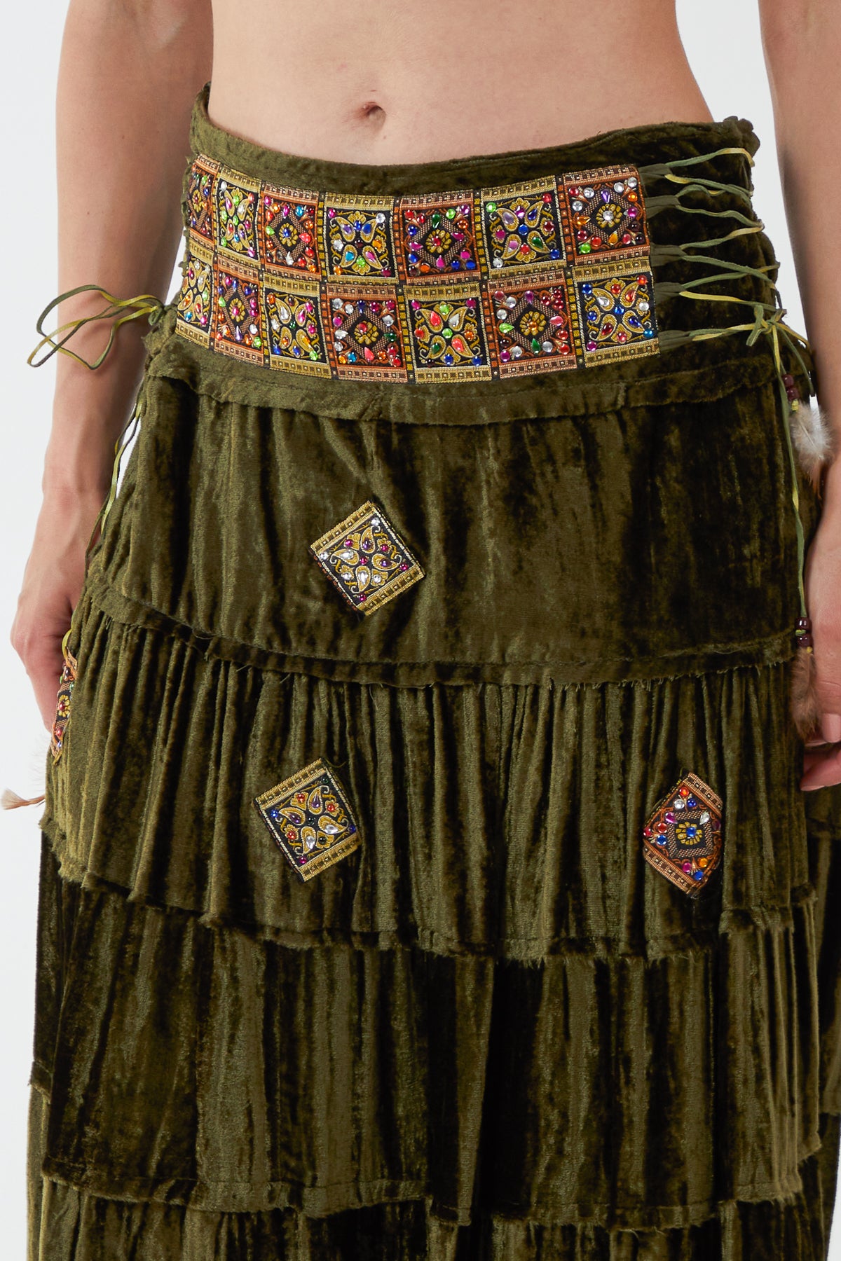 Embellished Waist Side Tie Up Tiered Long Skirt