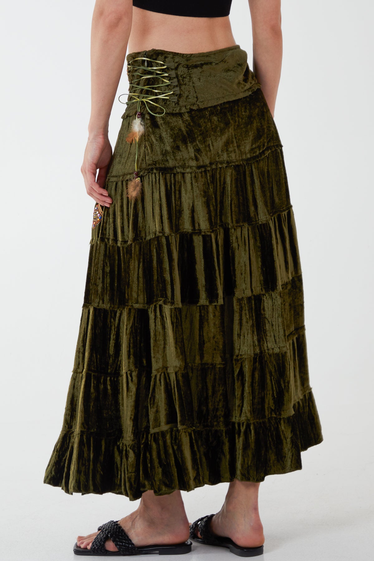 Embellished Waist Side Tie Up Tiered Long Skirt