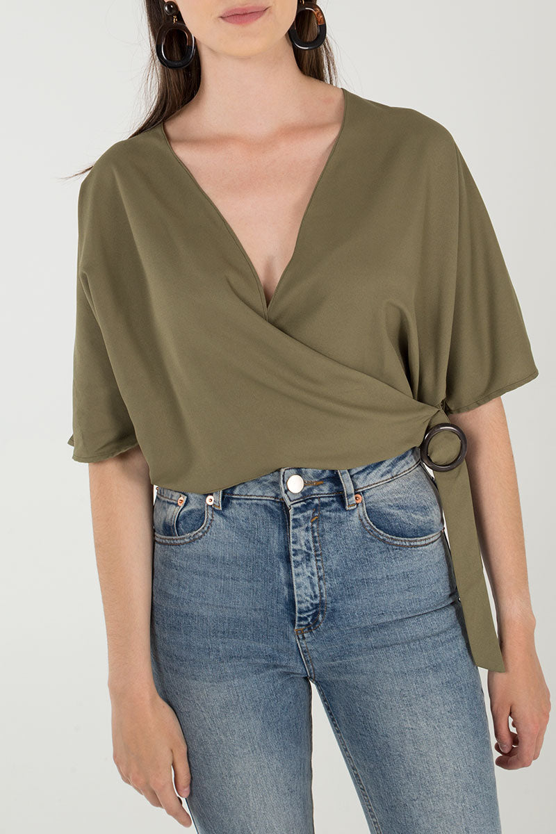 Mock Horn Buckle Wrap Front Batwing Top