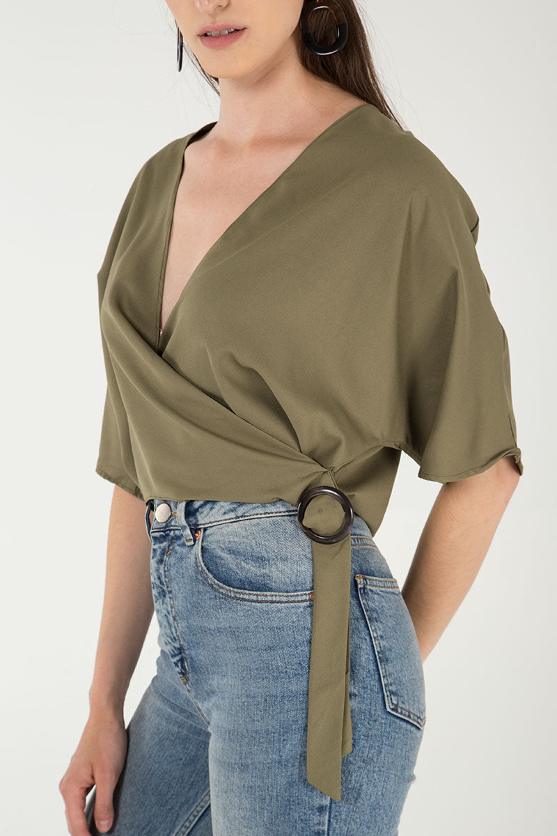 Mock Horn Buckle Wrap Front Batwing Top