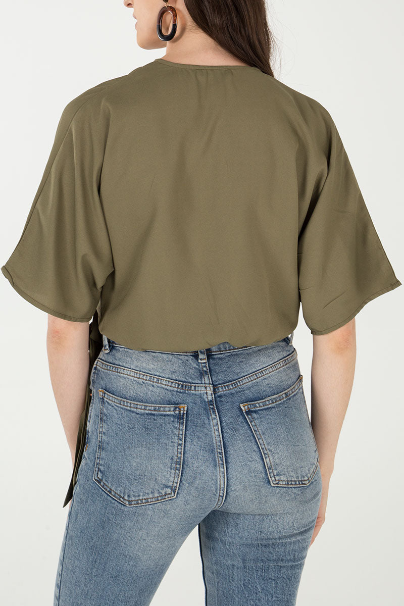 Mock Horn Buckle Wrap Front Batwing Top