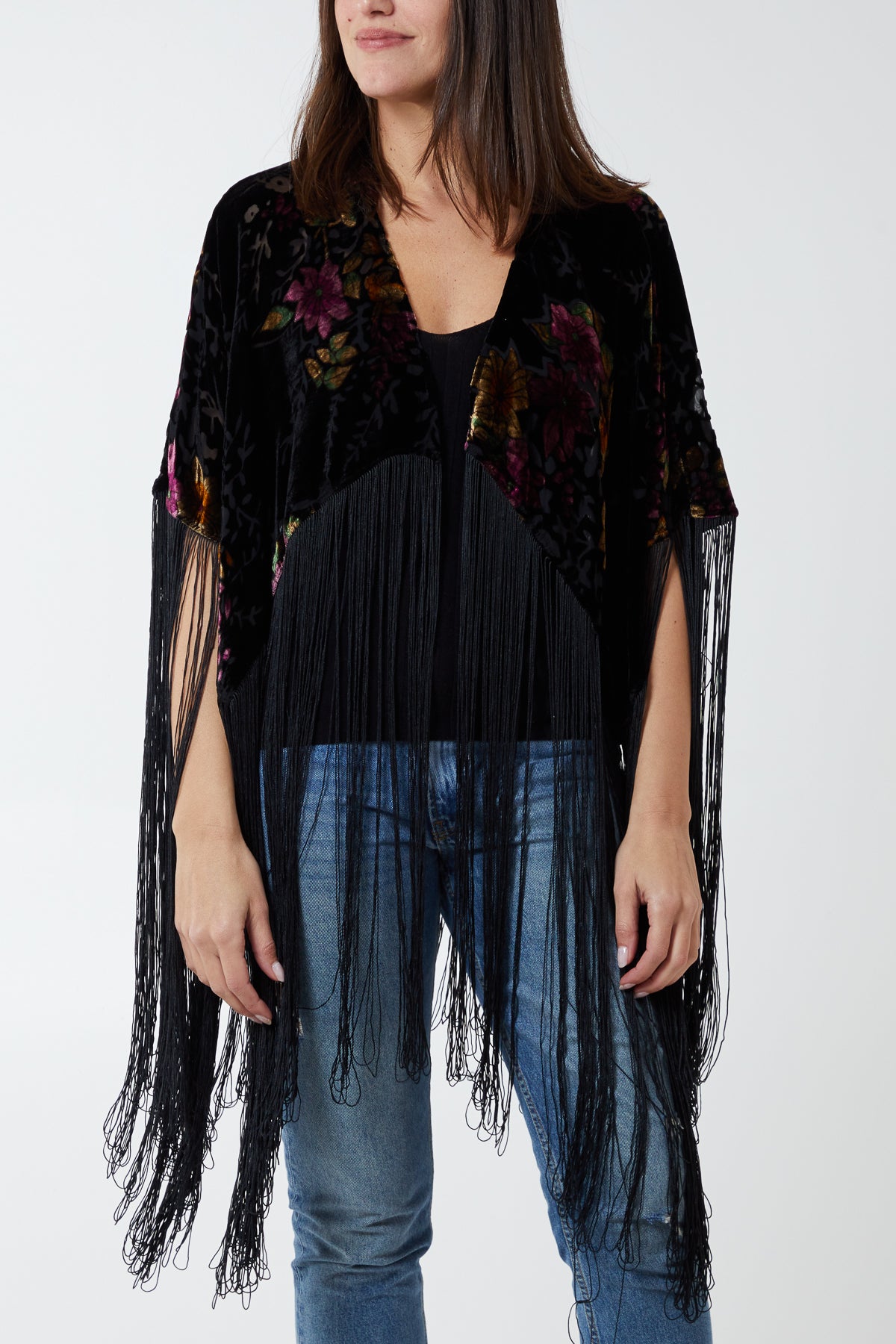 Velvet Burnout Long Fringe Boho Cape