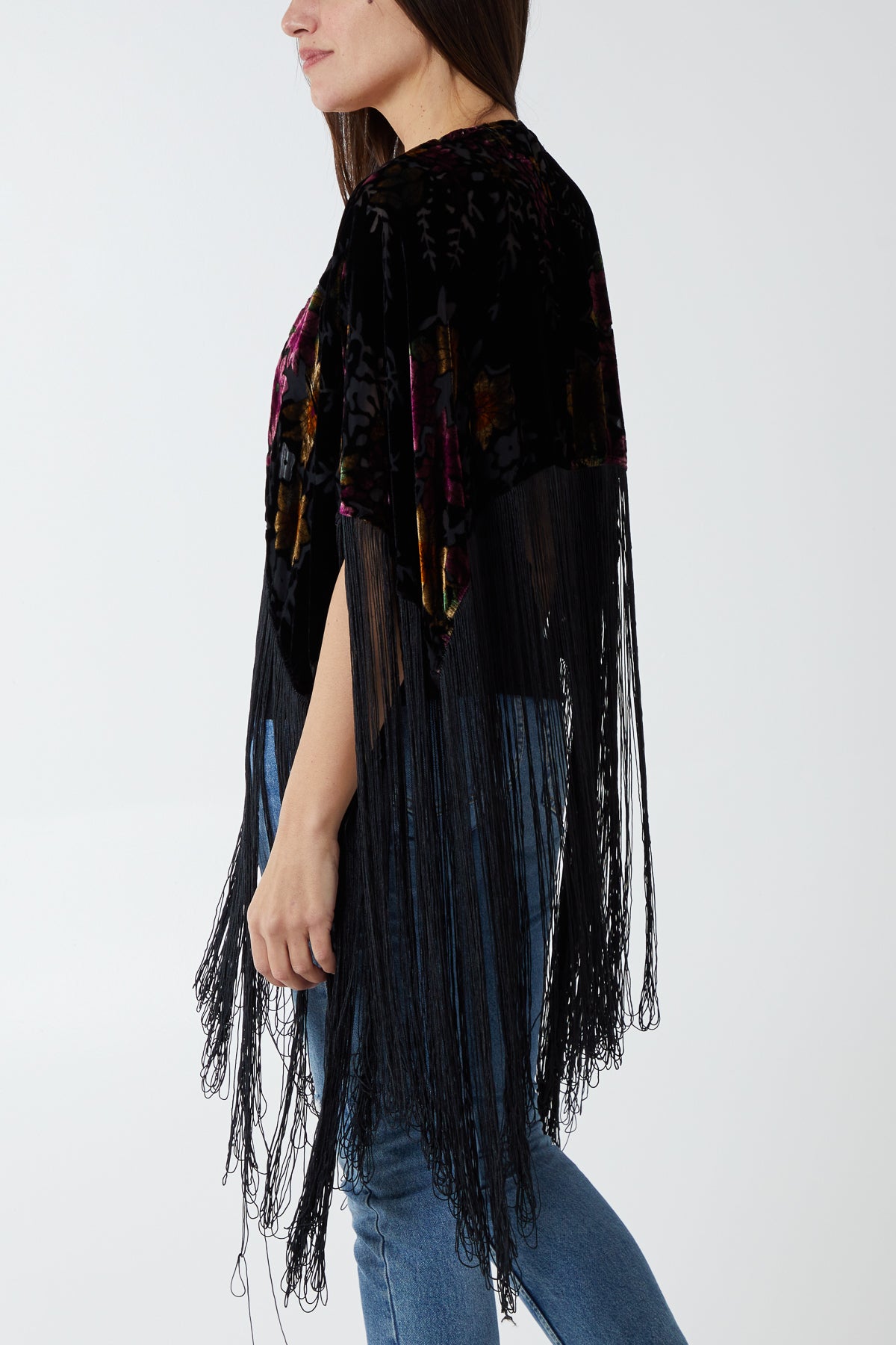 Velvet Burnout Long Fringe Boho Cape