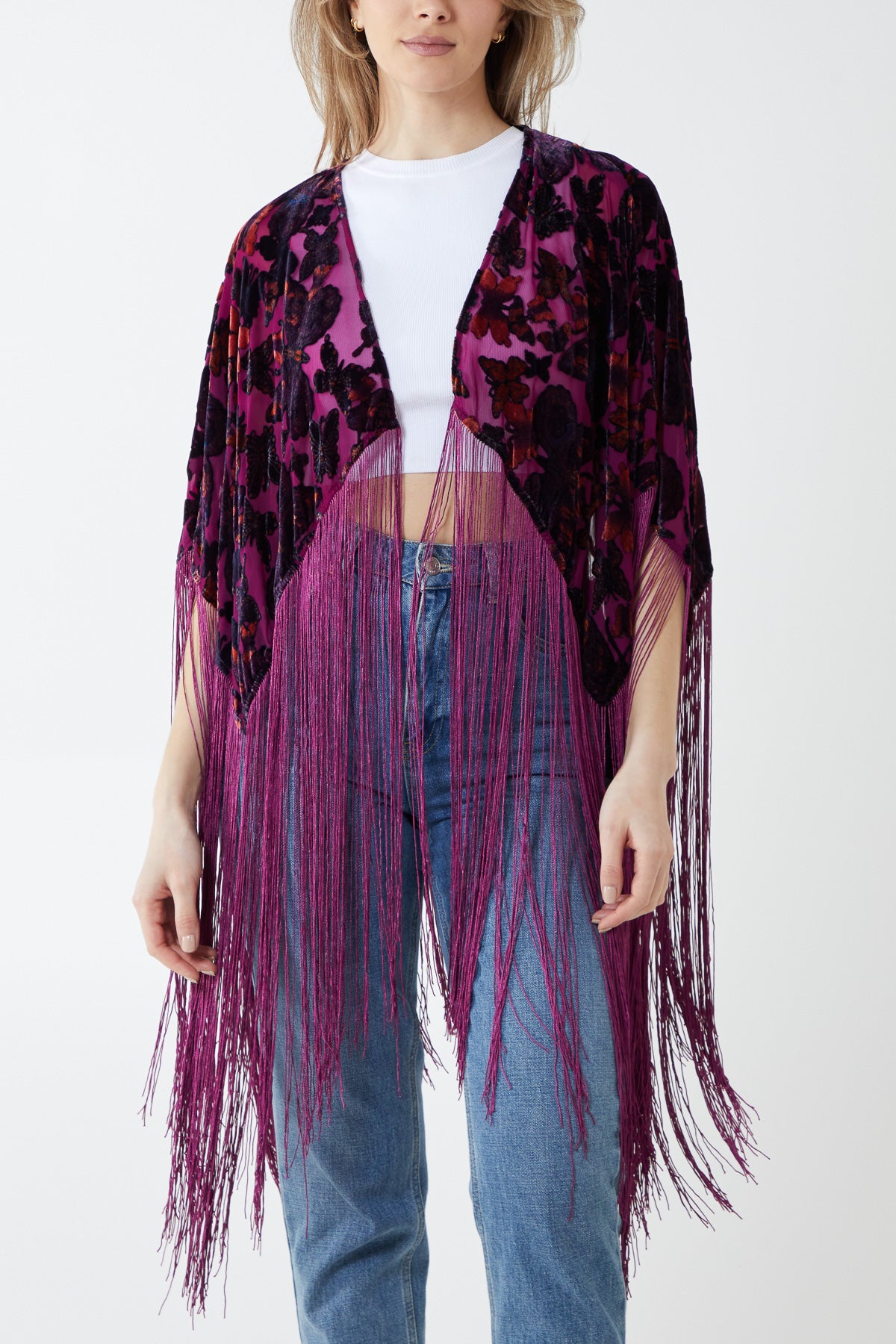 Velvet Butterfly Print Long Fringed Kimono Cape