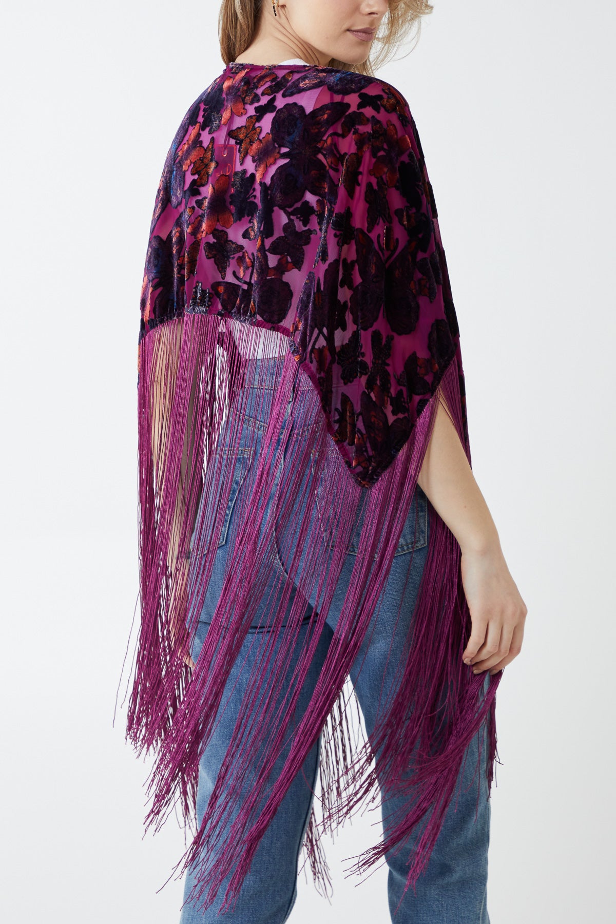 Velvet Butterfly Print Long Fringed Kimono Cape