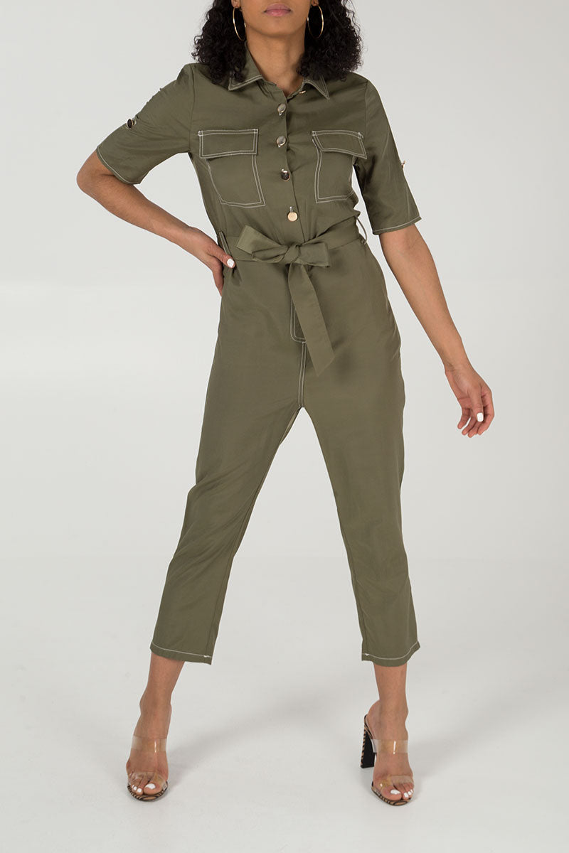 Button Front Belted Jumpsuit