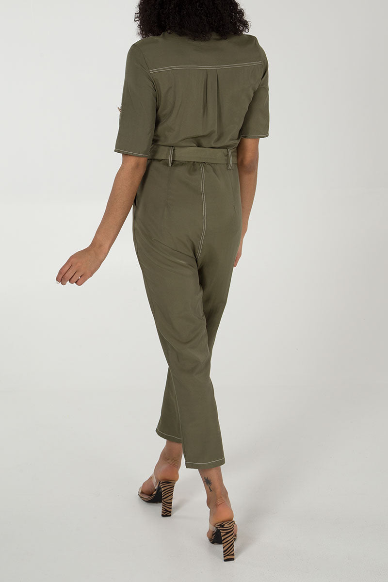 Button Front Belted Jumpsuit