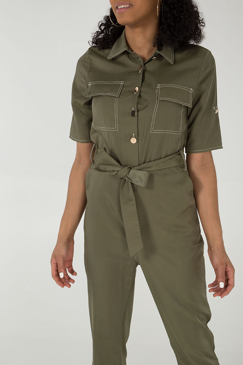 Button Front Belted Jumpsuit