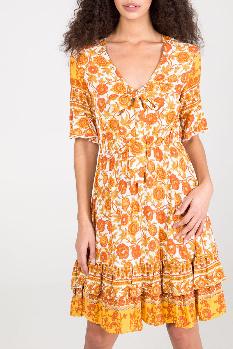 Printed Floral Knot Front Mini Dress