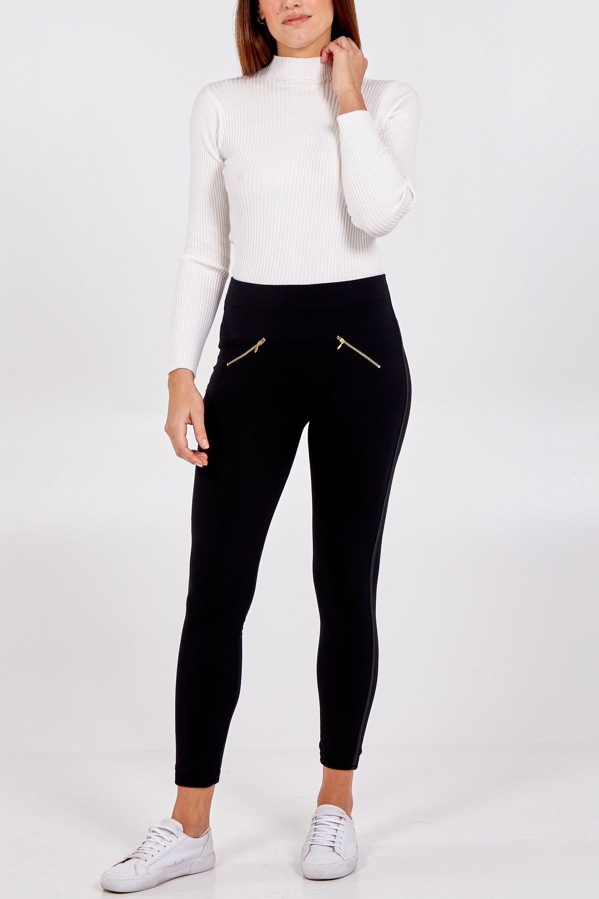 Zip Detail PU Stripe Fleece Lined Legging